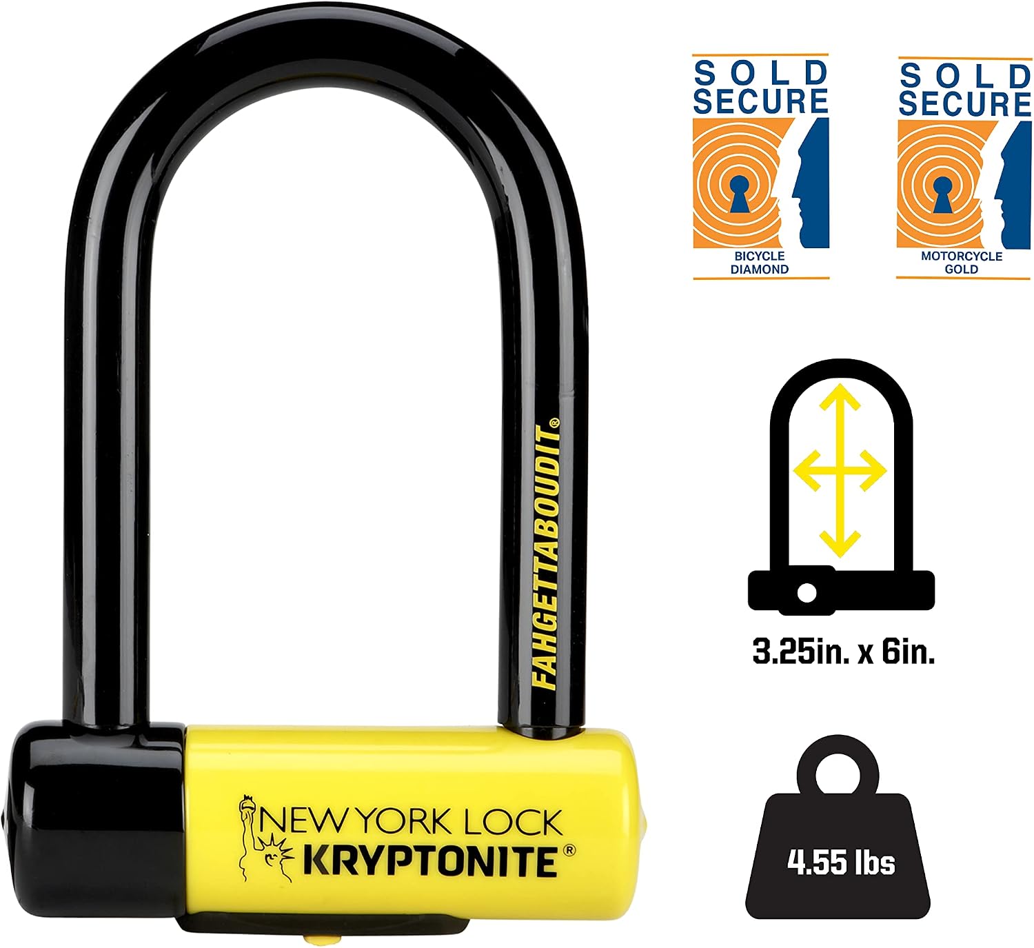 Kryptonite New York FAHGETTABOUDIT Mini Bike U-Lock, Heavy Duty Anti-Theft Bicycle U Lock Sold Secure Gold, 18mm Shackle with Keys, 10/10 Security Rating for E-Bike, Motorcycle, Scooter