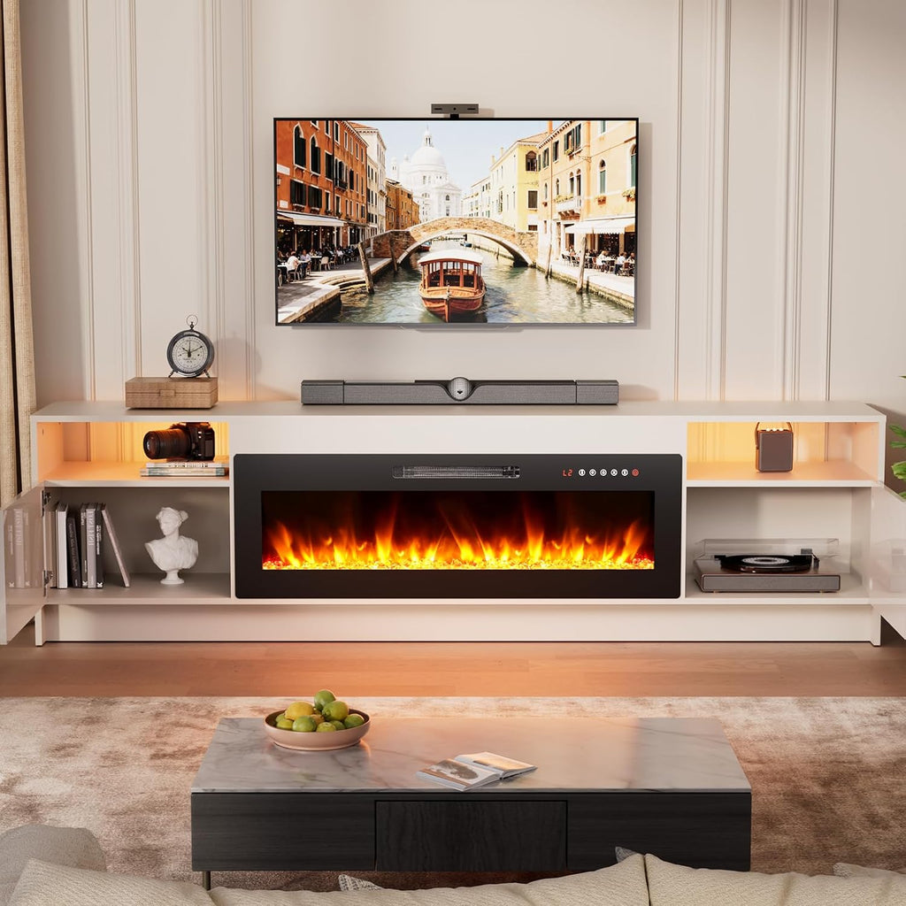 EAG 80' Electric Fireplace TV Stand with 42 inch Fireplace Up to 90' TVs, Entertainment Center with with Storage Cabinet & LED Lights, Modern Media Console for Living Room, White