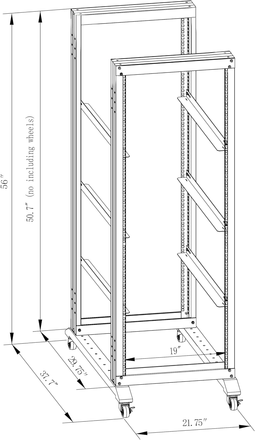 27U Server Rack/4-Post 19in Network Rack/Open Frame Rack with Wheels, Heavy-Duty Frame Cabinet/Adjustable Depth 29.75-27.75in GLOBALRACK(4POST-1000-27U)