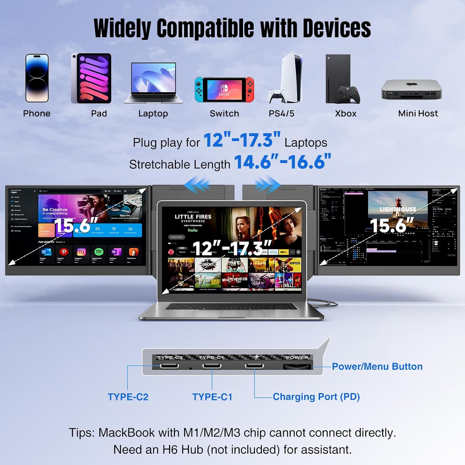 KEFEYA Laptop Screen Extender 15.6', 1080P FHD IPS Ultra-Slim Triple Portable Monitor for Laptop 12-17.3', Eyes Care HDR Travel Monitor, USB-C/HDMI Plug-Play Monitor Extender for macOS/Win and Phone