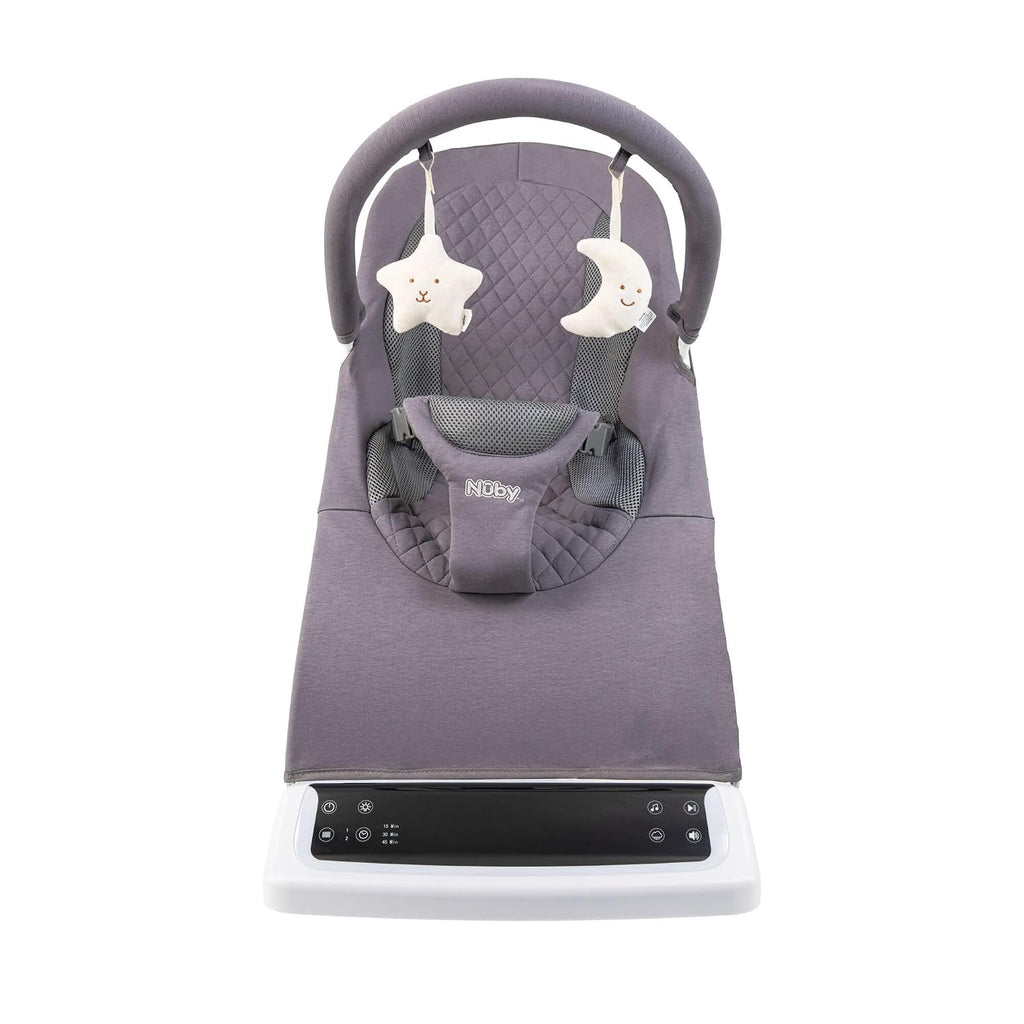 Nuby Deluxe Baby Bouncer Seat - Portable Infant Bouncer with Music, Fun Sounds, and Soothing Vibrations - Digital Display - 0-6 Months - Gray