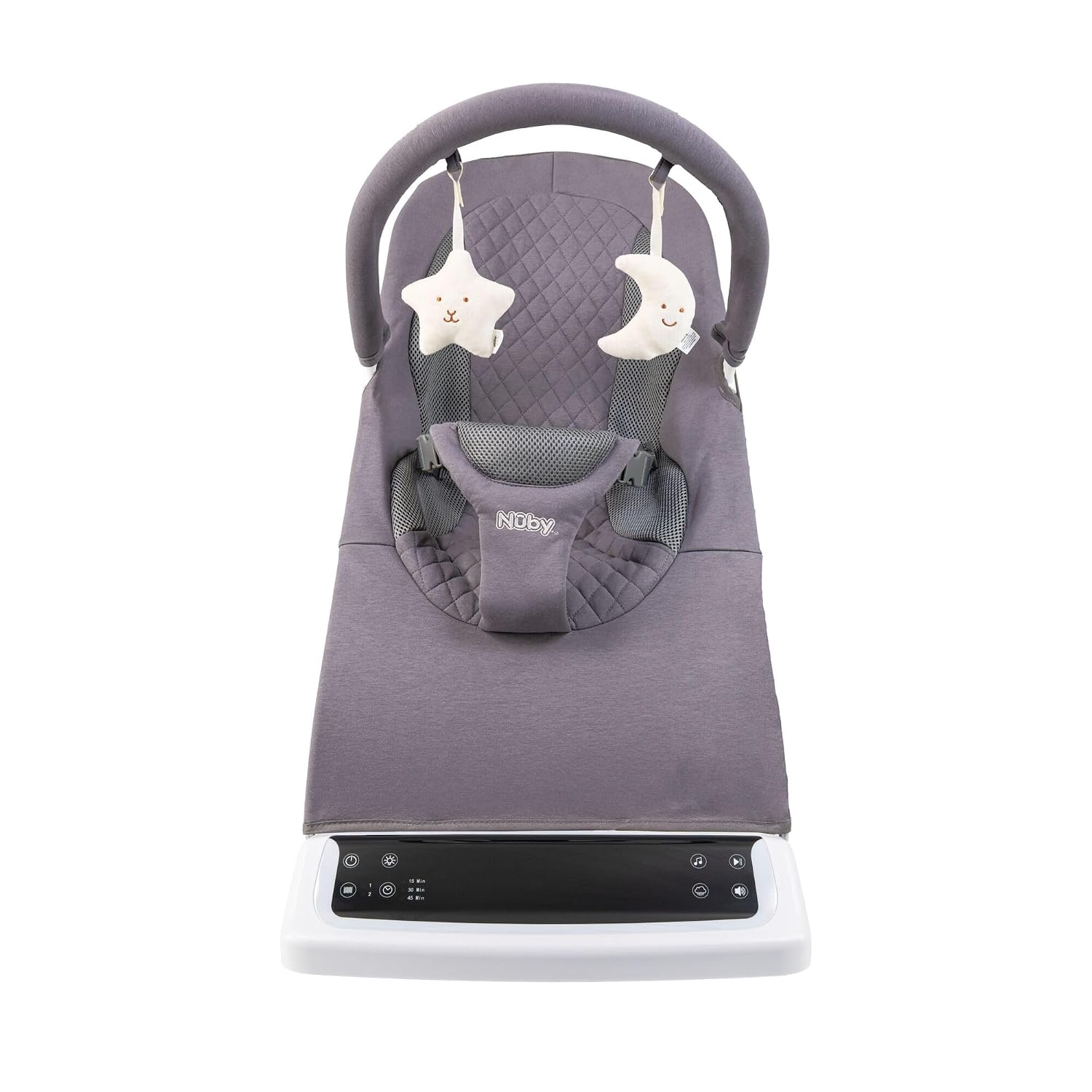 Nuby Deluxe Baby Bouncer Seat - Portable Infant Bouncer with Music, Fun Sounds, and Soothing Vibrations - Digital Display - 0-6 Months - Gray