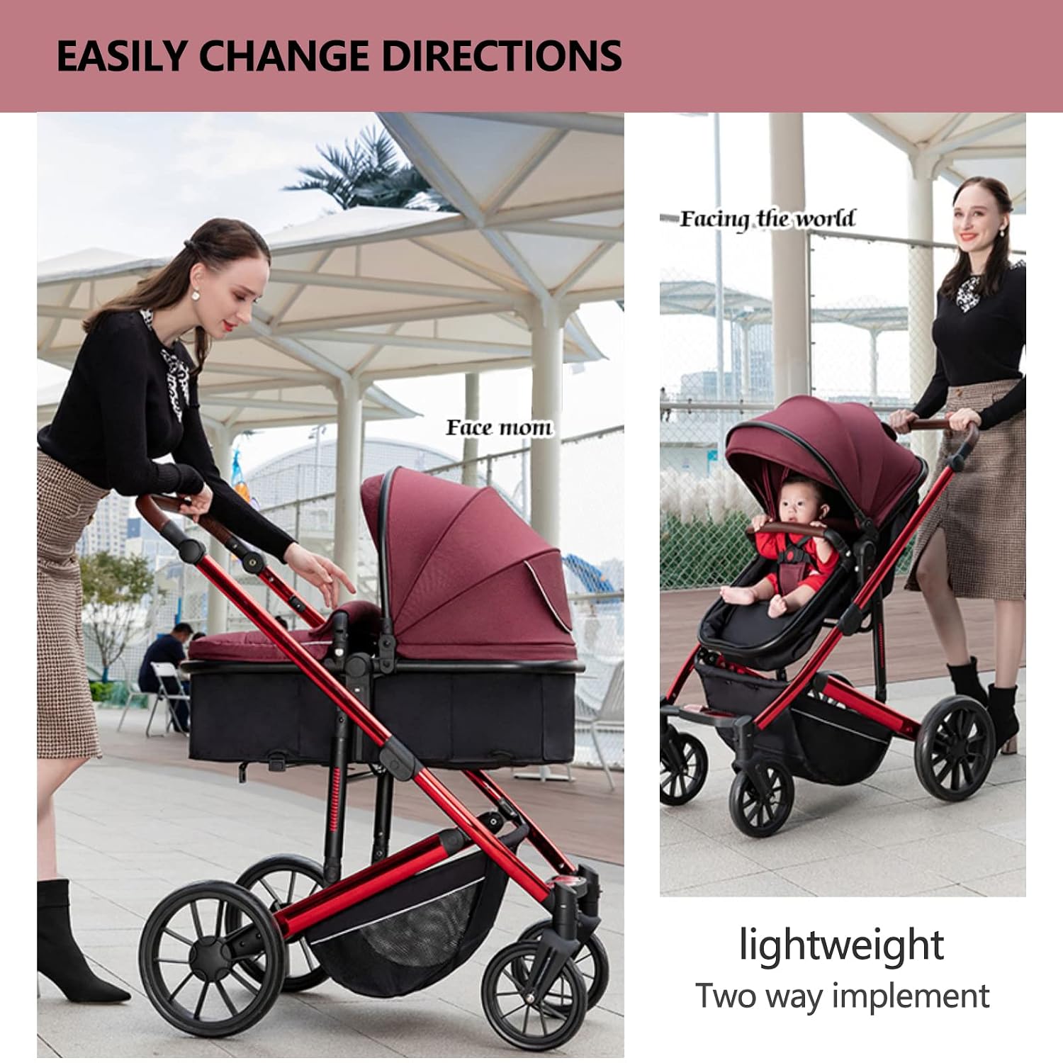 5 in 1 Baby Stroller,Reversible Infant Pushchair, Compact Fold Baby Stroller, Two-Way with Reversible Seat Design, with Aluminum Frame, Large Seat Area, Extra Large Storage Basket(Color:Black)