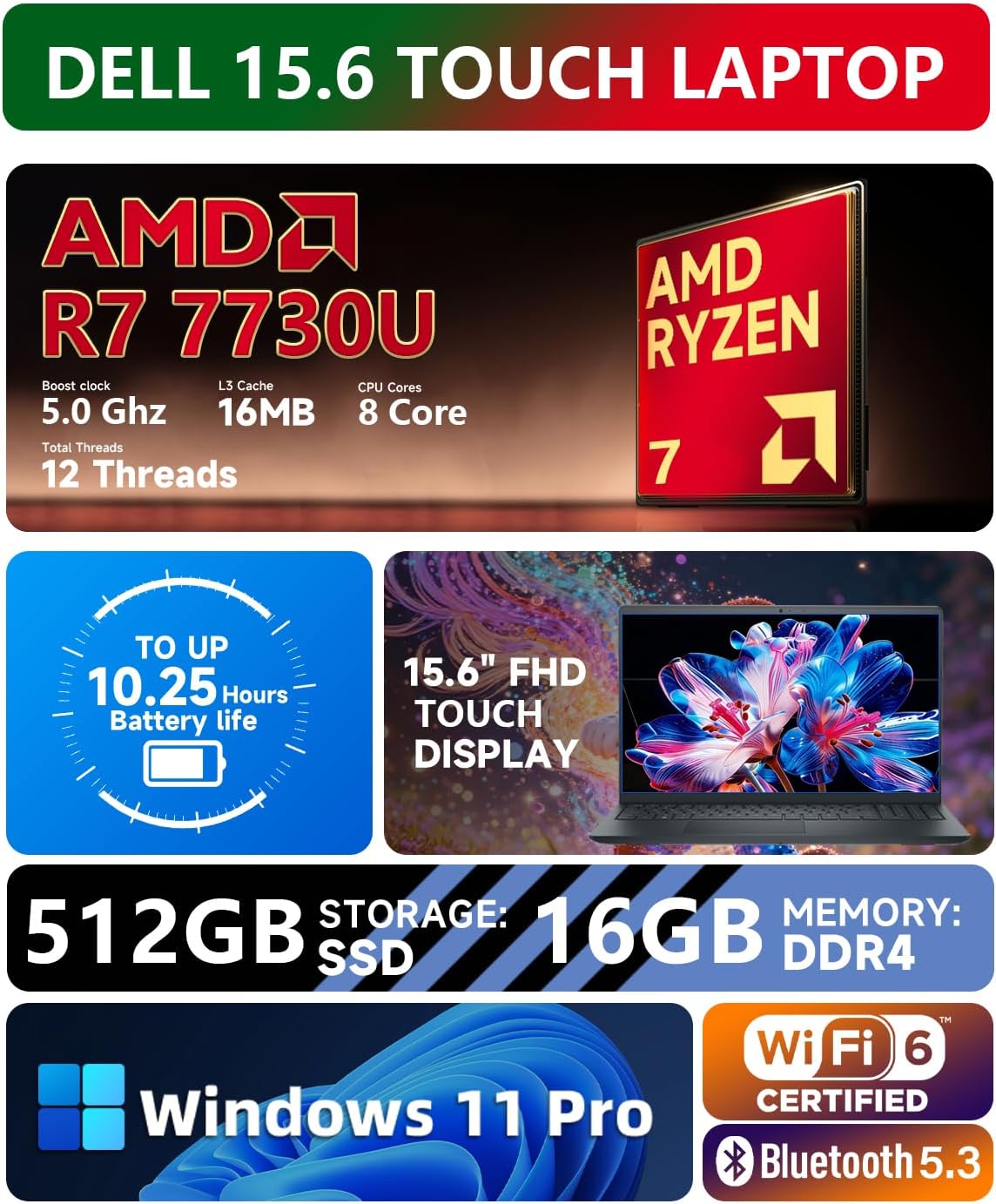 Dell Inspiron 15 3535 Touchscreen Laptop - 20GB DDR4 RAM, 1TB SSD, 15.6' FHD WVA Display, AMD Ryzen 7 7730U,Windows 11 Pro, Copilot, Wi-Fi, Numeric Keypad, Webcam, for Business & Students