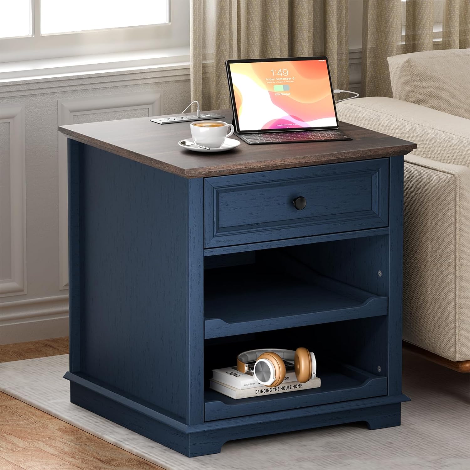 REDAYFUR Lateral File Cabinet 3 Drawer File Cabinet with Charging Station, Printer Stand with Open Adjustable Storage Shelves, Lateral Filing Cabinet for Home Office, Blue