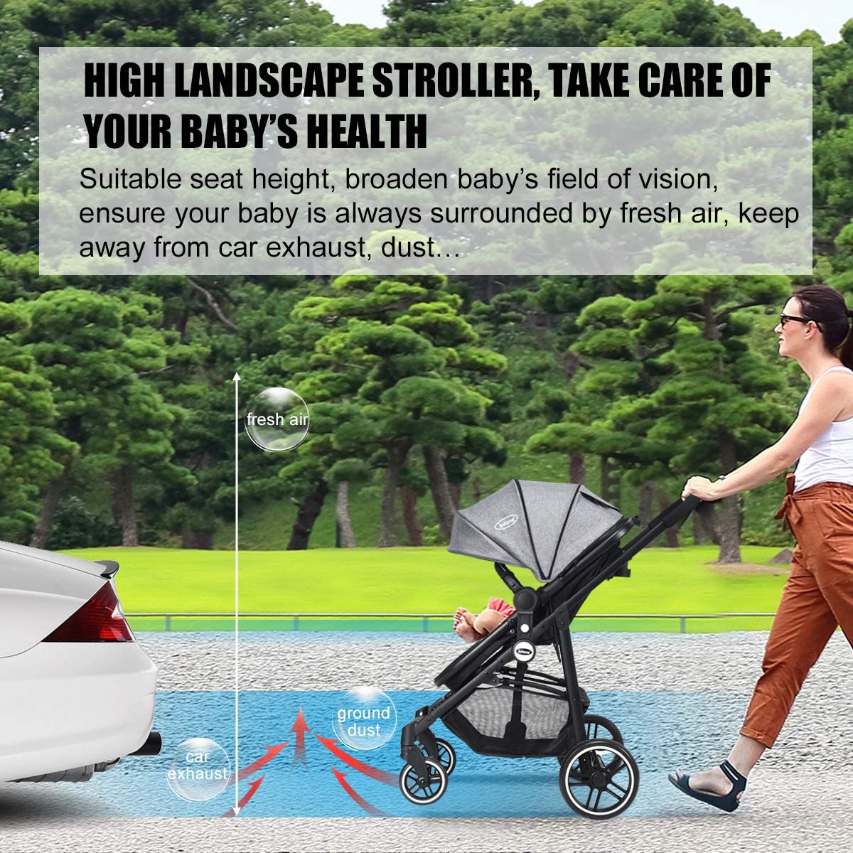 INFANS 2 in 1 Baby Stroller, High Landscape Infant Stroller & Reversible Bassinet Pram, Foldable Pushchair with Adjustable Canopy, Cup Holder, Storage Basket, Suspension Wheels (Volcanic Ash)