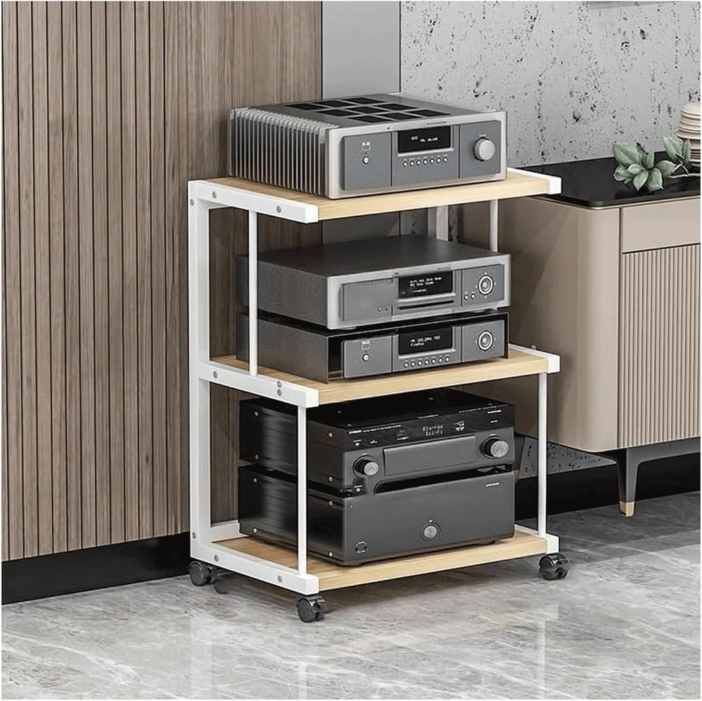 Audio Rack 3/4 Tier Stereo Rack Audio Equipment Rack Audio Stereo Shelf Wooden Open Movable Audio-Video Shelving with Wheels AV Stand(Wei�,70cm)