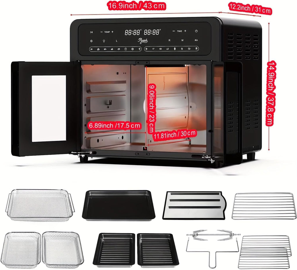 25.4QT Dual Zone Air Fryer Toaster Oven Combo, Featuring a French Door, Extra-Large Capacity, a Temperature Range of 100-430°F, 16 Preset Functions, an LED Display, Dual Fans (1)