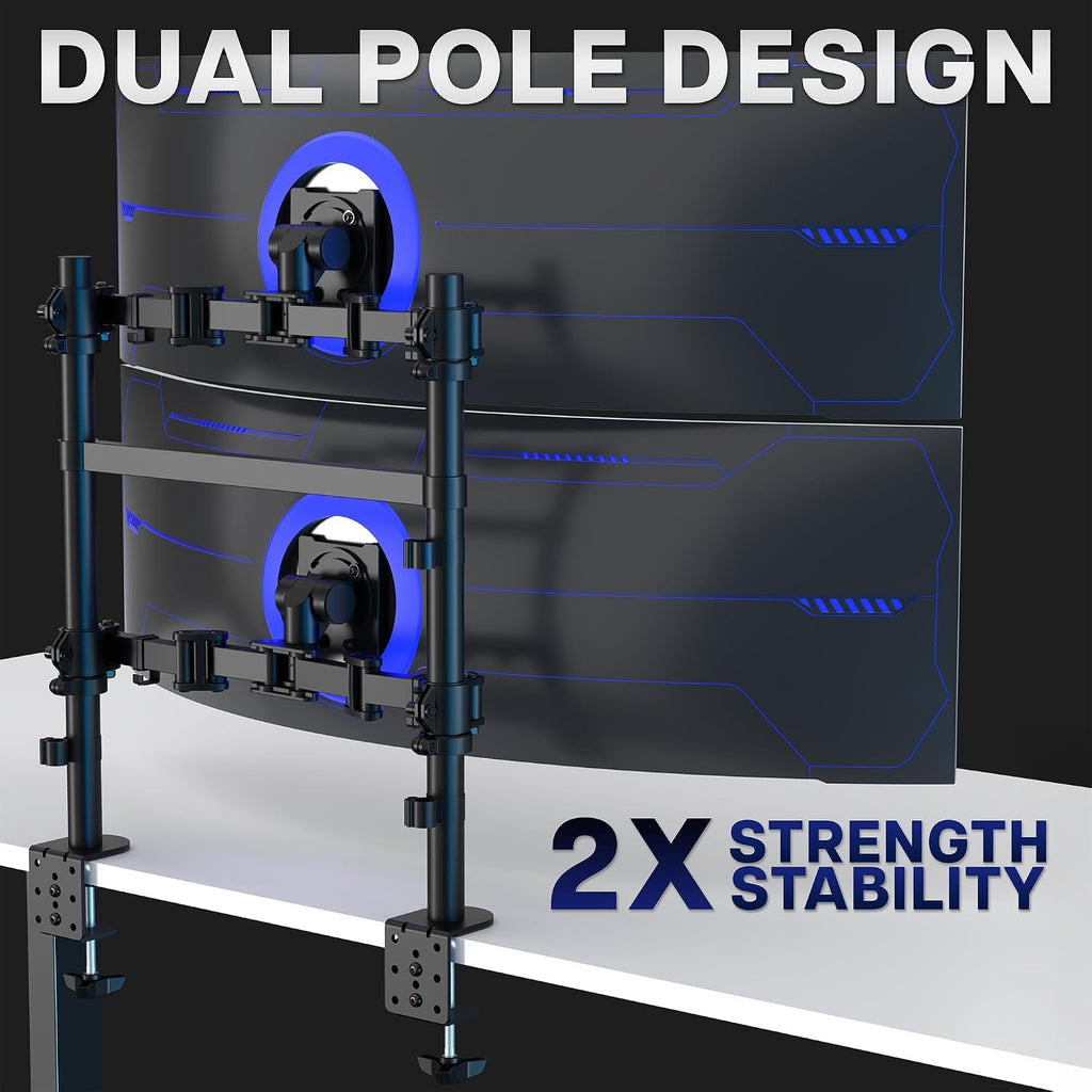VIVO Clamp-on Double Pole Ultra Wide Monitor Desk Mount for 2 Utrawides up to 57 inches, 59.4 lbs Capacity Each, Low Profile Heavy Duty Vertical Dual Monitor Stand, Black, STAND-257C