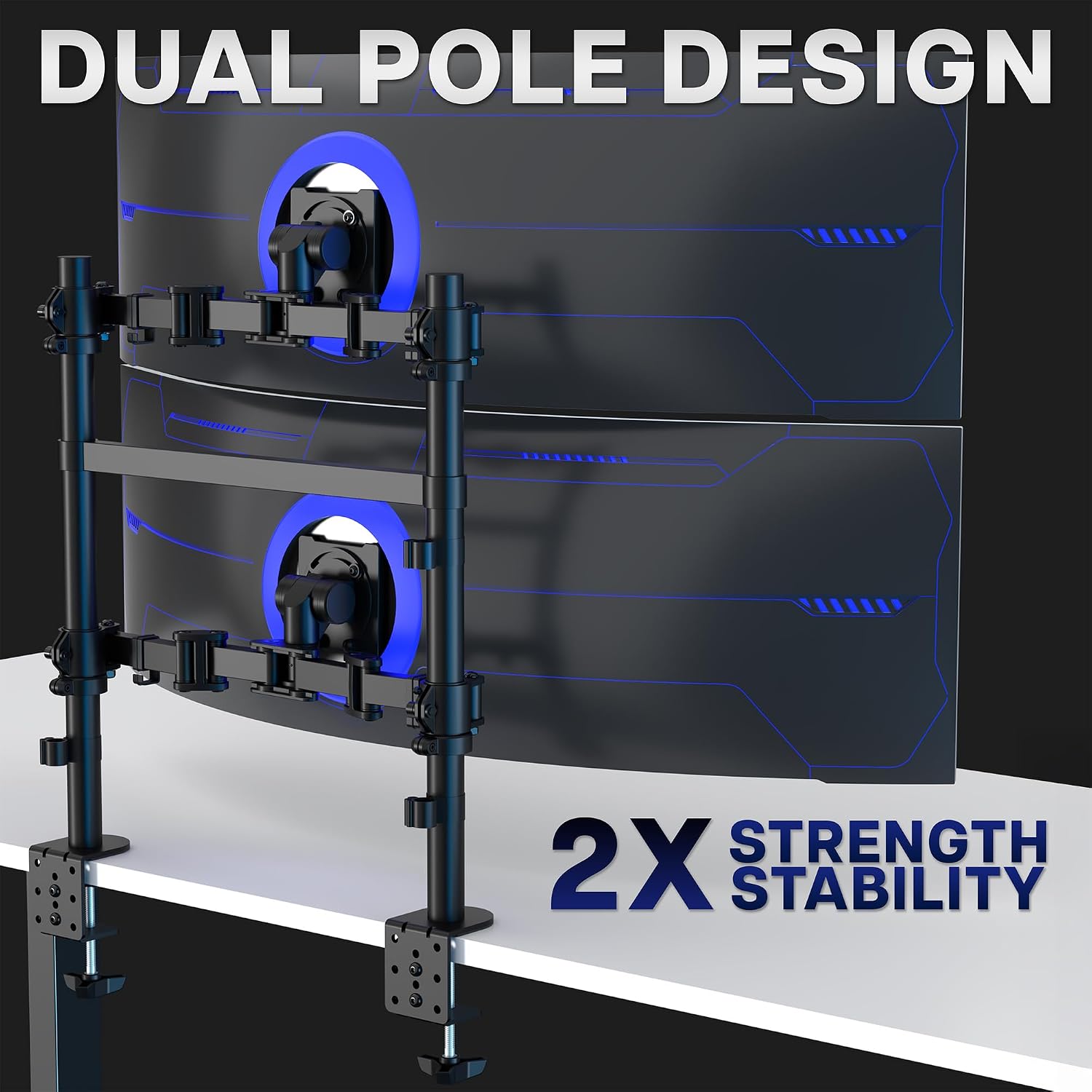 VIVO Clamp-on Double Pole Ultra Wide Monitor Desk Mount for 2 Utrawides up to 57 inches, 59.4 lbs Capacity Each, Low Profile Heavy Duty Vertical Dual Monitor Stand, Black, STAND-257C