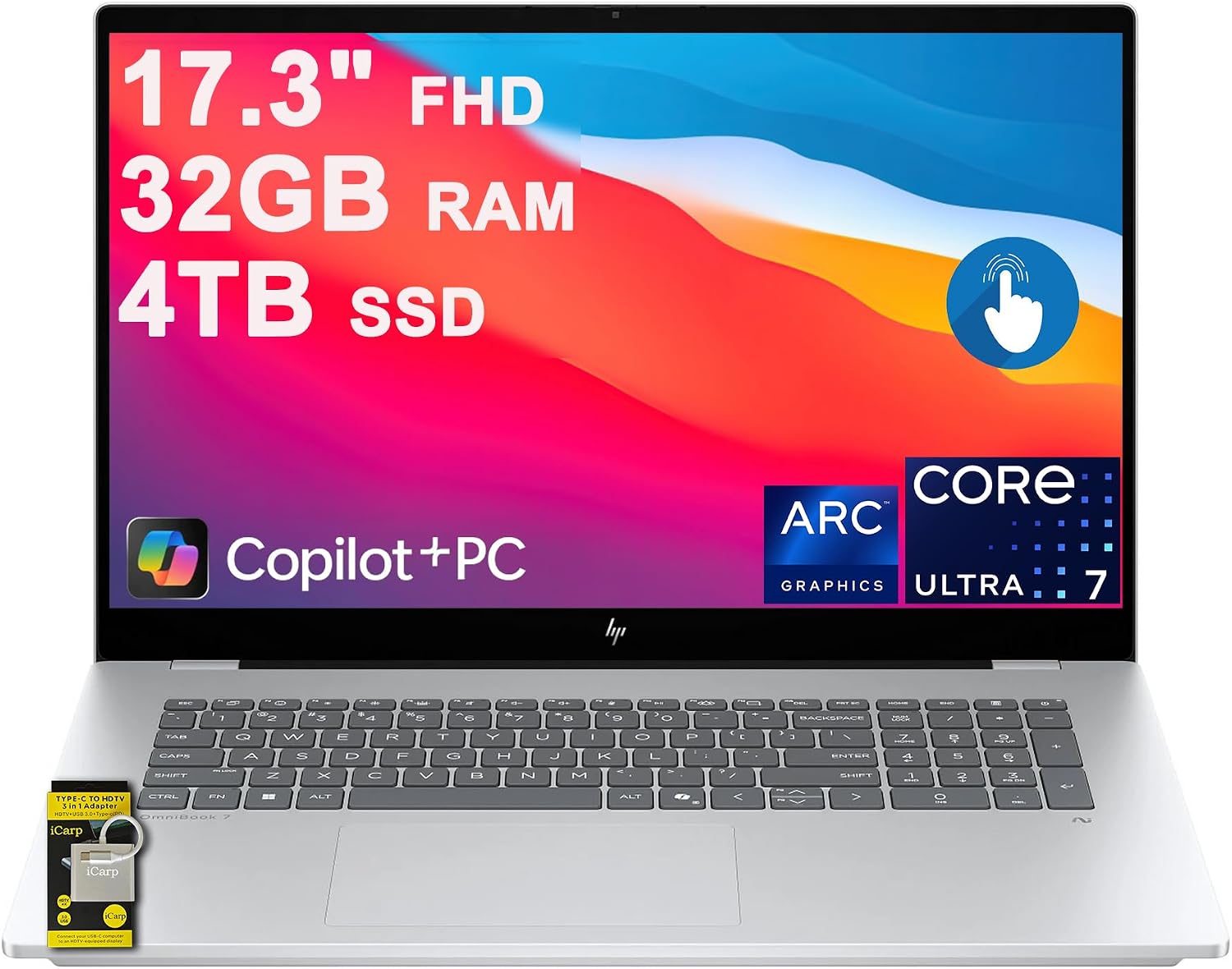 HP OmniBook 7 Laptop 17.3' FHD IPS Touch (400nits, 100% sRGB) Intel 8-core Ultra 7 258V (Up to 47 Tops) 32GB DDR5 4TB SSD for Designer Business Professional Backlit IR Camera Win11 ICP Hub