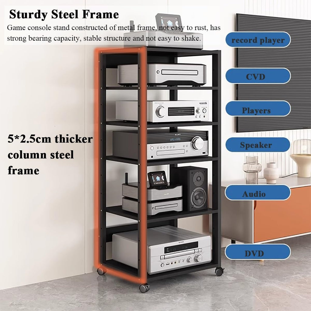5 Tier Tall Audio/Video Tower Corner Media Component Stand, Home Theater Office Stereo Entertainment Cabinet Speaker Gaming Console CD DVD Player Storage Rack, Large Electronic Equipment Shelf(Beige