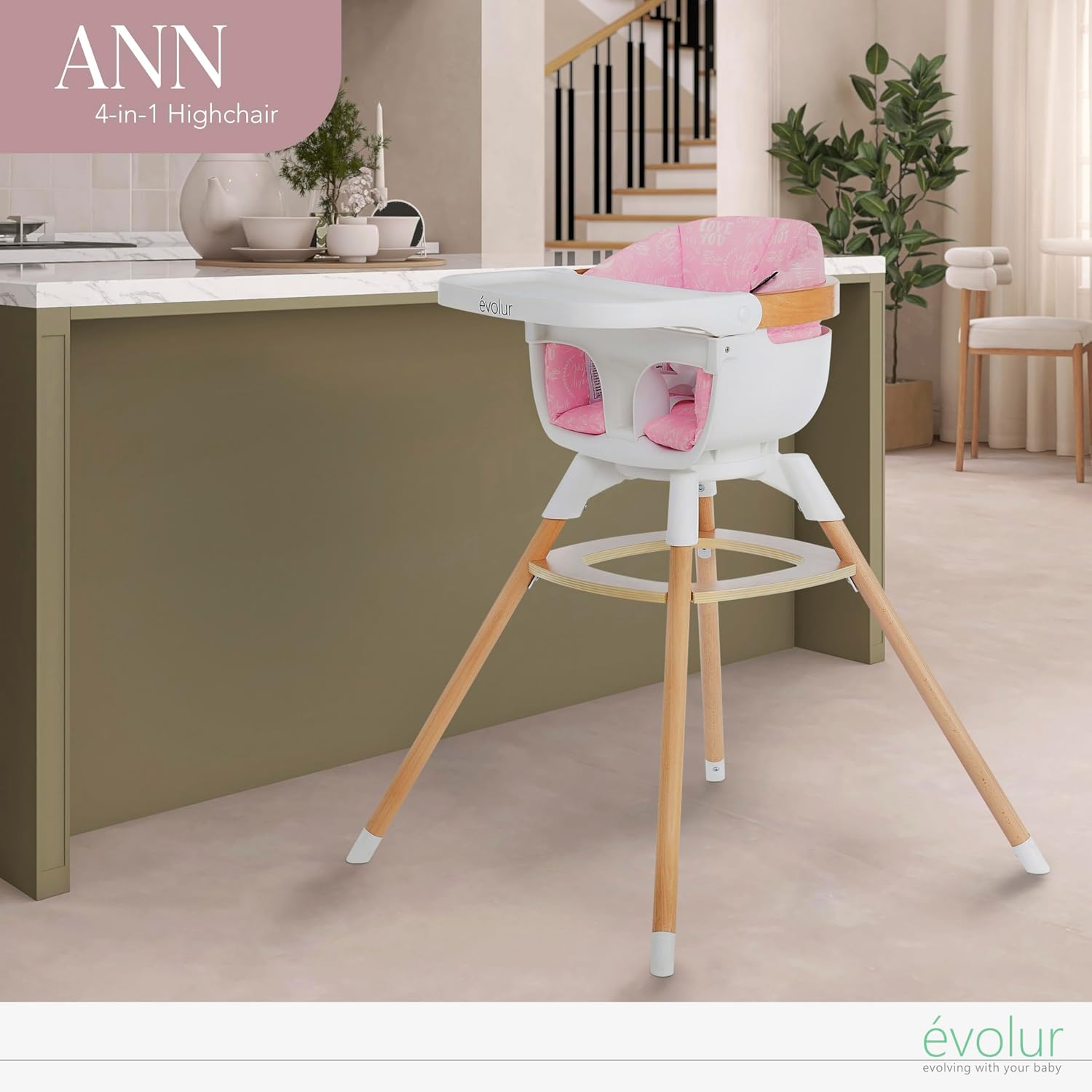 Evolur Ann Beechwood 4-in-1 Highchair | 360 Seat Rotation | Booster seat | Floor Chair | Bar Stool Chair | 5 Point Safety Harness | Pink