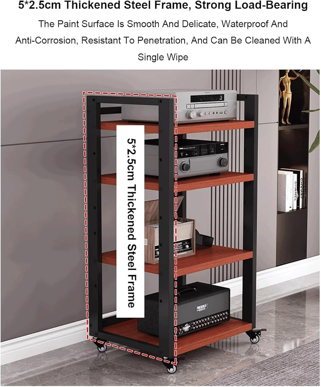 Audio Rack 6 Tier Stereo Rack Adjustable Audio Equipment Rack Audio Open HiFi Rack Wooden Movable Audio-Video Shelving with Wheels(Brown)