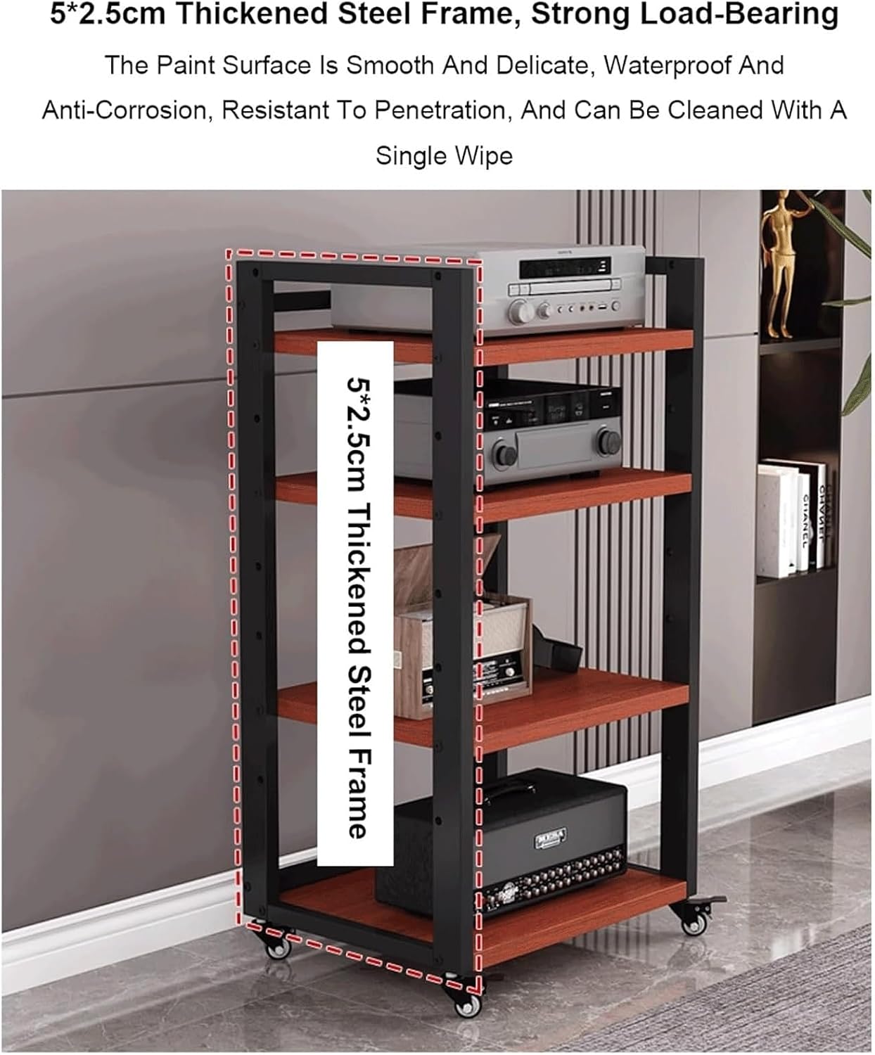 Audio Rack 6 Tier Stereo Rack Adjustable Audio Equipment Rack Audio Open HiFi Rack Wooden Movable Audio-Video Shelving with Wheels(Brown)