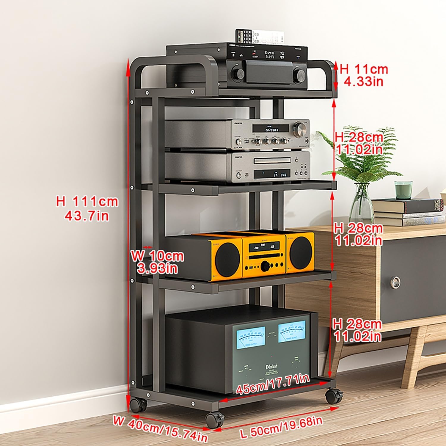 Movable Corner Storage Shelf with Wheels - 3/4/5 Tier Audio Rack for Amplifiers & Media - Floor-Standing Shelving Unit for Living Room, Gaming & Recording Room (Walnut, 50x40x111cm)