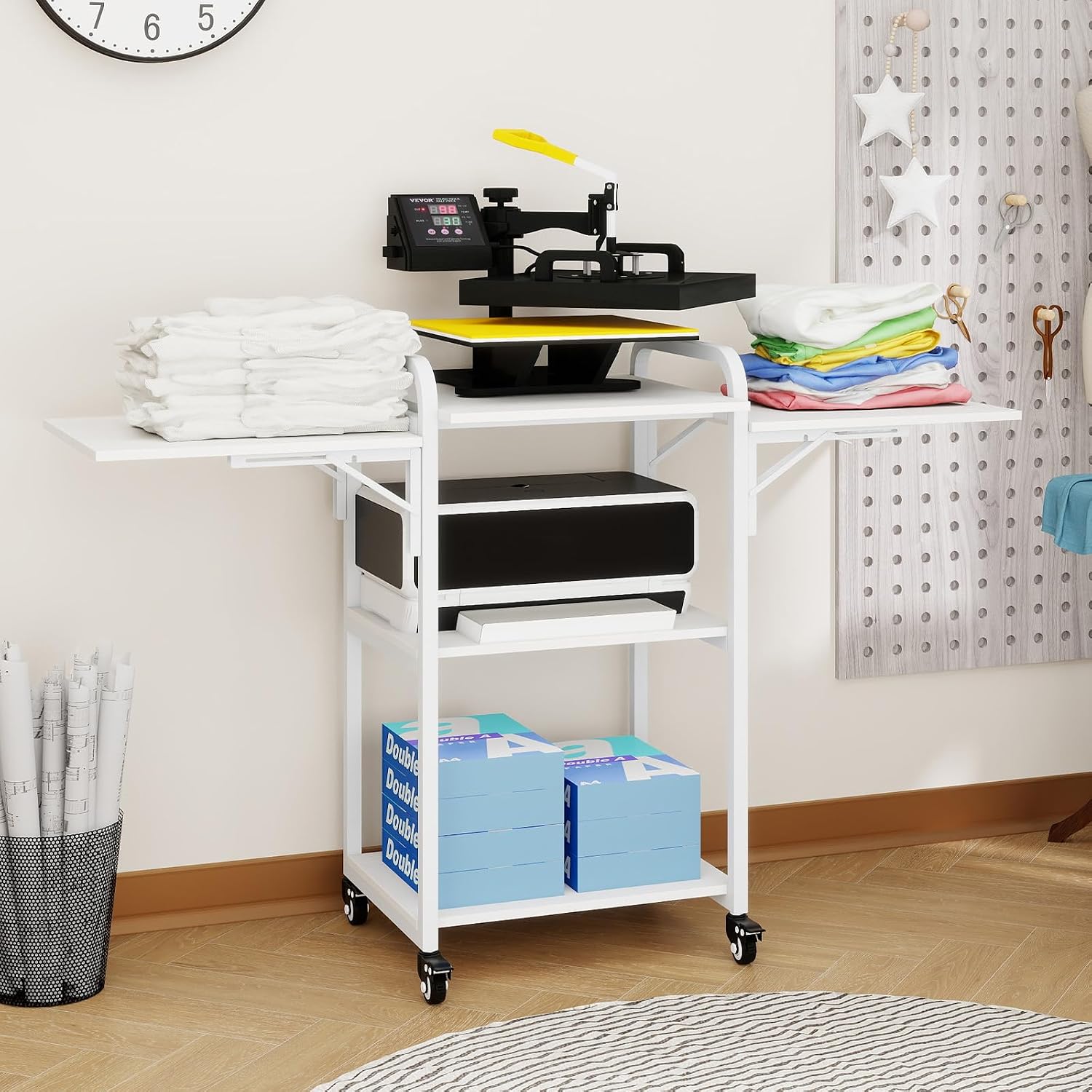 PUNCIA 3 Tier Movable Heat Press Table Foldable Heat Transfer Machine Stand Heavy Duty Rolling Workbench with Folding Table for DIY Sublimation Transfer Machine Metal Shelf Storage Organization