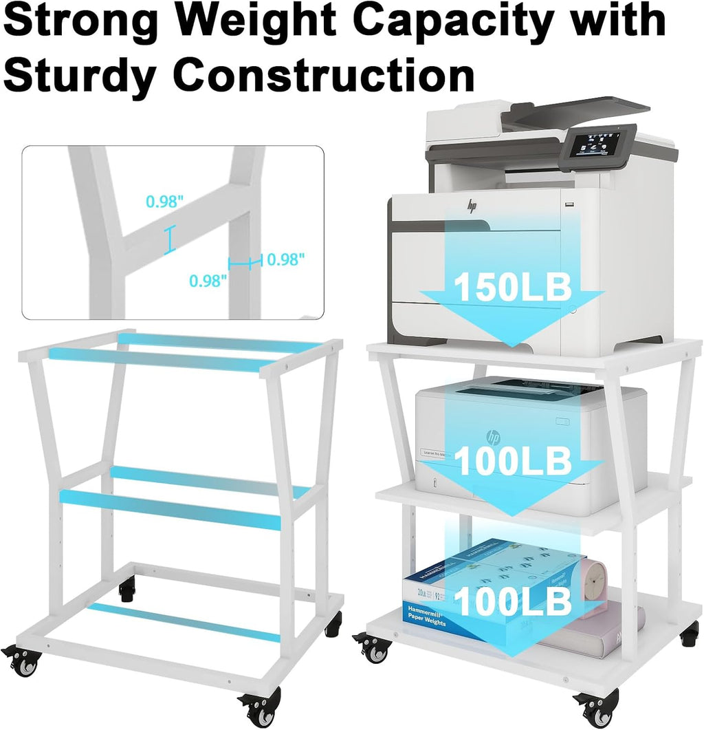 Natwind 3-Tier Large Printer Stand,23.6'x23.6'x29.5' Heavy-Duty Printer Table Cart with Paper Storage Shelf & Wheels,Ideal for Home Office Laser Printers, Copiers (White)