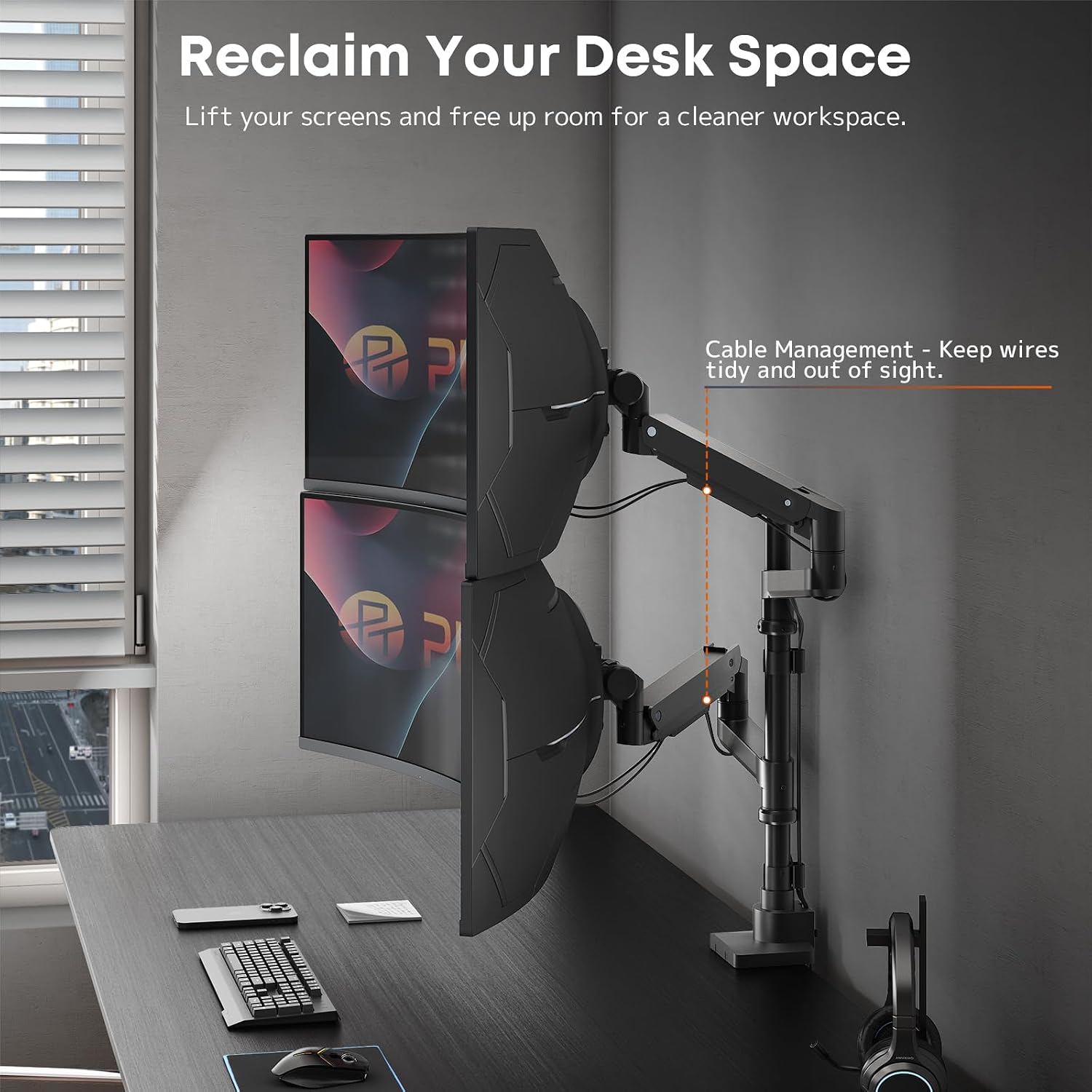 Dual Monitor-Arm Heavy-Duty for 17-57-Inch Screens - 23.8'' Tall Vertical Dual Monitor Mount, Fully Adjustable Stacked Double Monitor Desk Mount Stand, Max Load 44 lbs/Screen, VESA 75/100 mm, Black