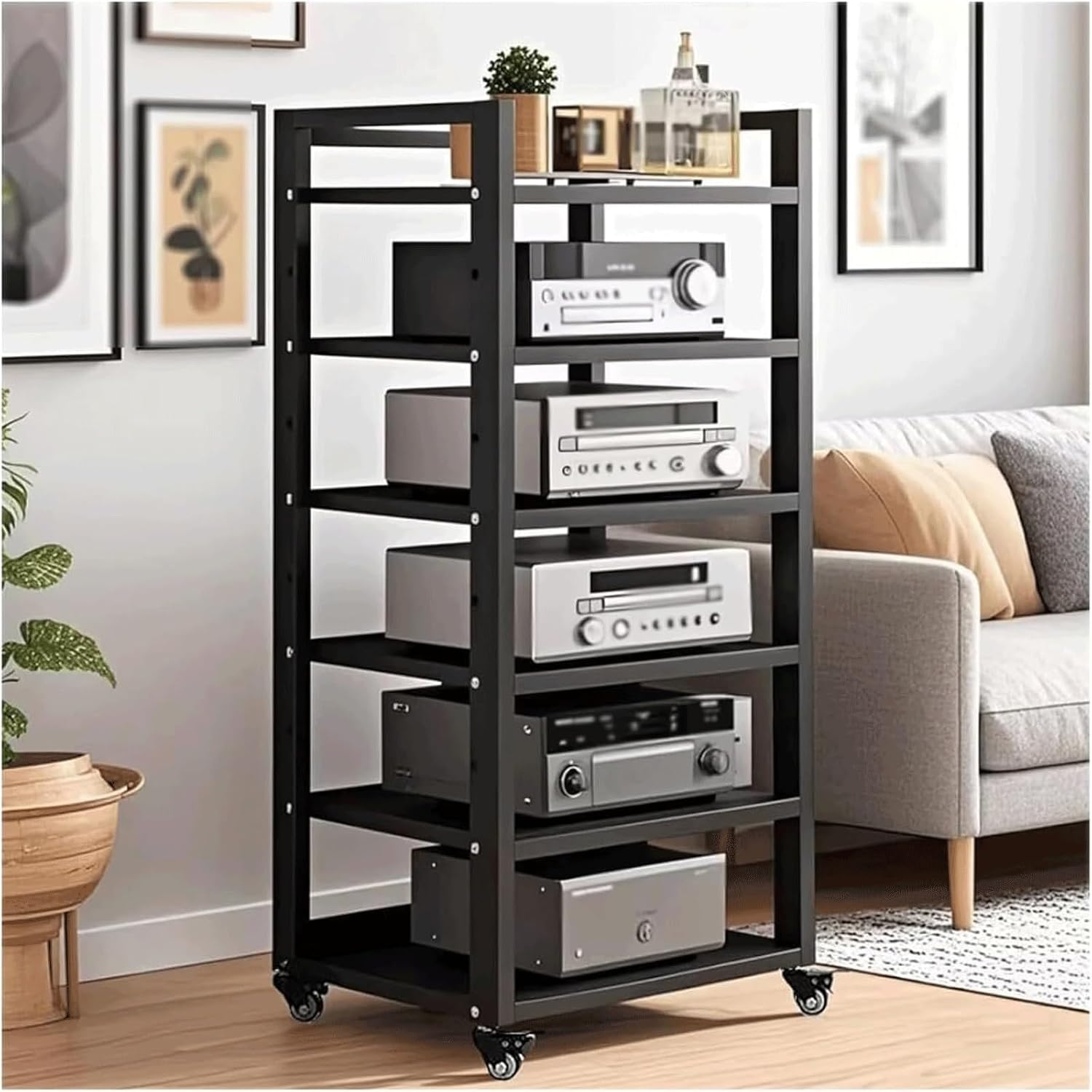 Audio Rack 6 Tier Stereo Rack Adjustable Audio Equipment Rack Audio Open HiFi Rack Wooden Movable Audio-Video Shelving with Wheels(Nero)