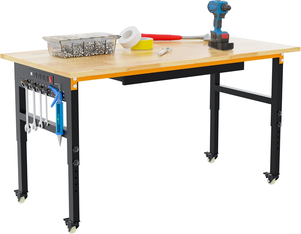 Betterhood 60' Adjustable Workbench on Wheels, 2000 LBS Heavy Duty Work Table with Power Outlets & Pegboard, Rubber Wood Workstation for Garage, Workshop, Office, Home, Commercial