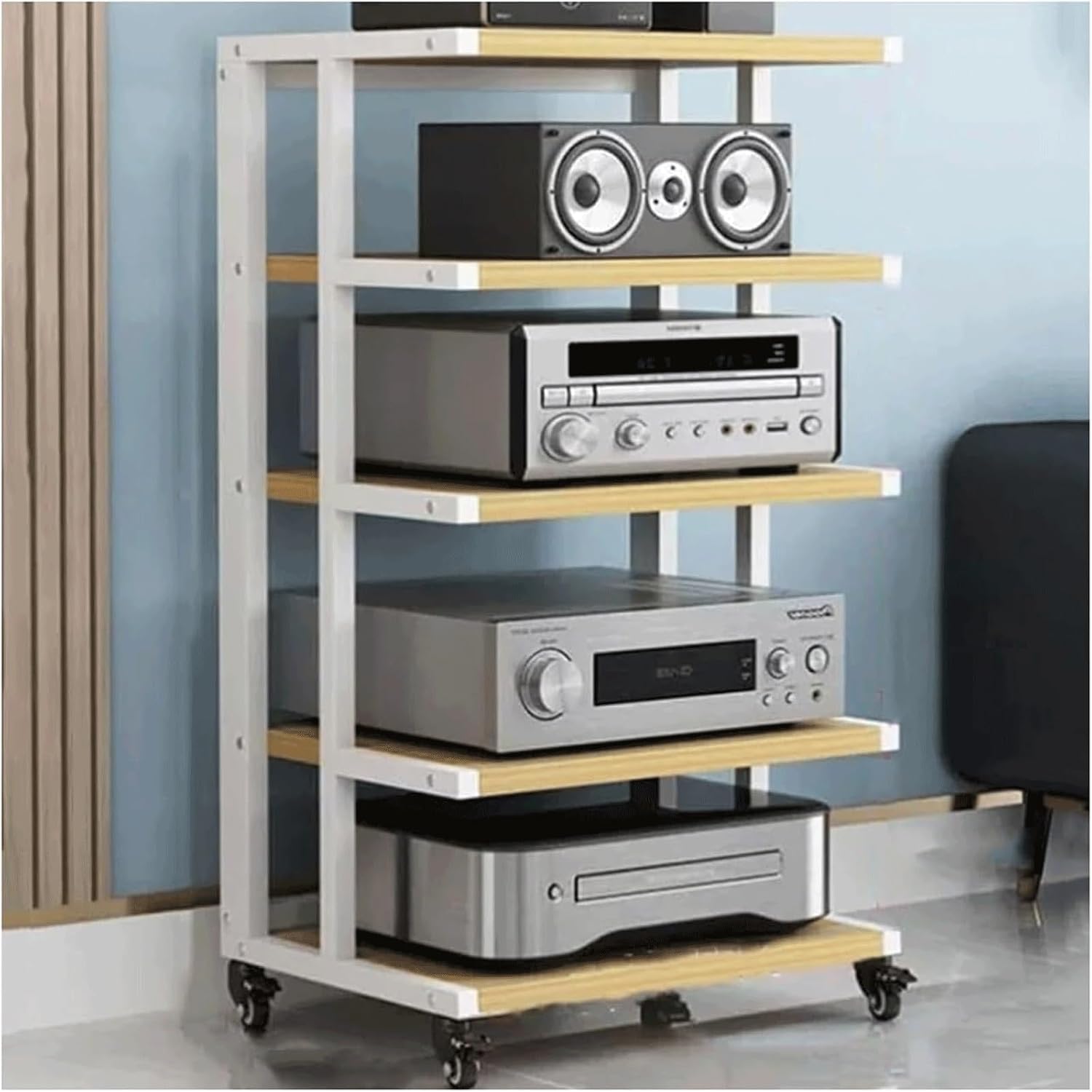 Audio Rack Wooden Stereo Rack Audio Equipment Rack Audio Open Rack Cabinet HiFi Rack with Wheels Audio-Video Shelving Movable Strong(Natural,5 Tier)