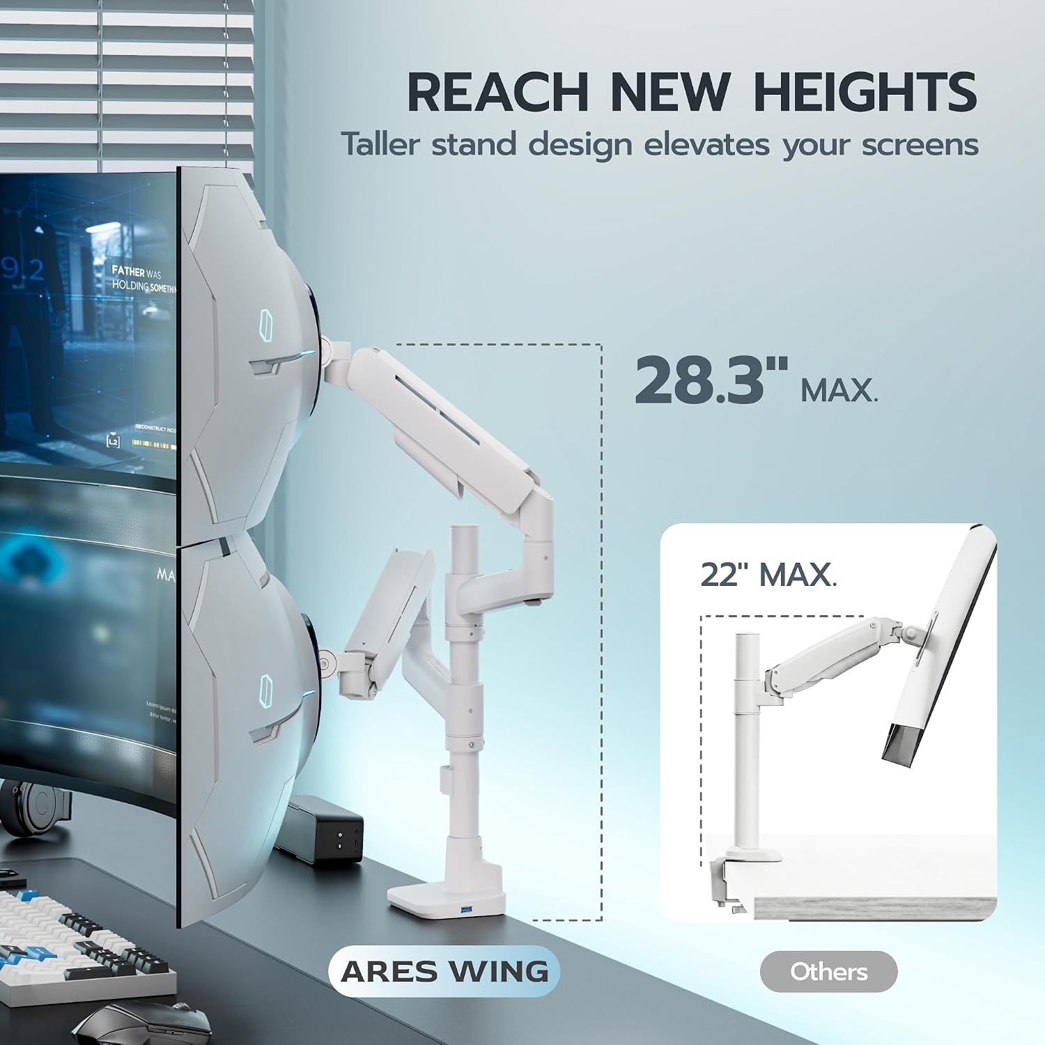ARES WING Dual Monitor Mount for 17-49 Inch Ultrawide Heavy Duty Curved Screen Stacking, Computer Monitor Arm Desk Mount with USB, Gas Spring Adjustable Vesa Stand, White