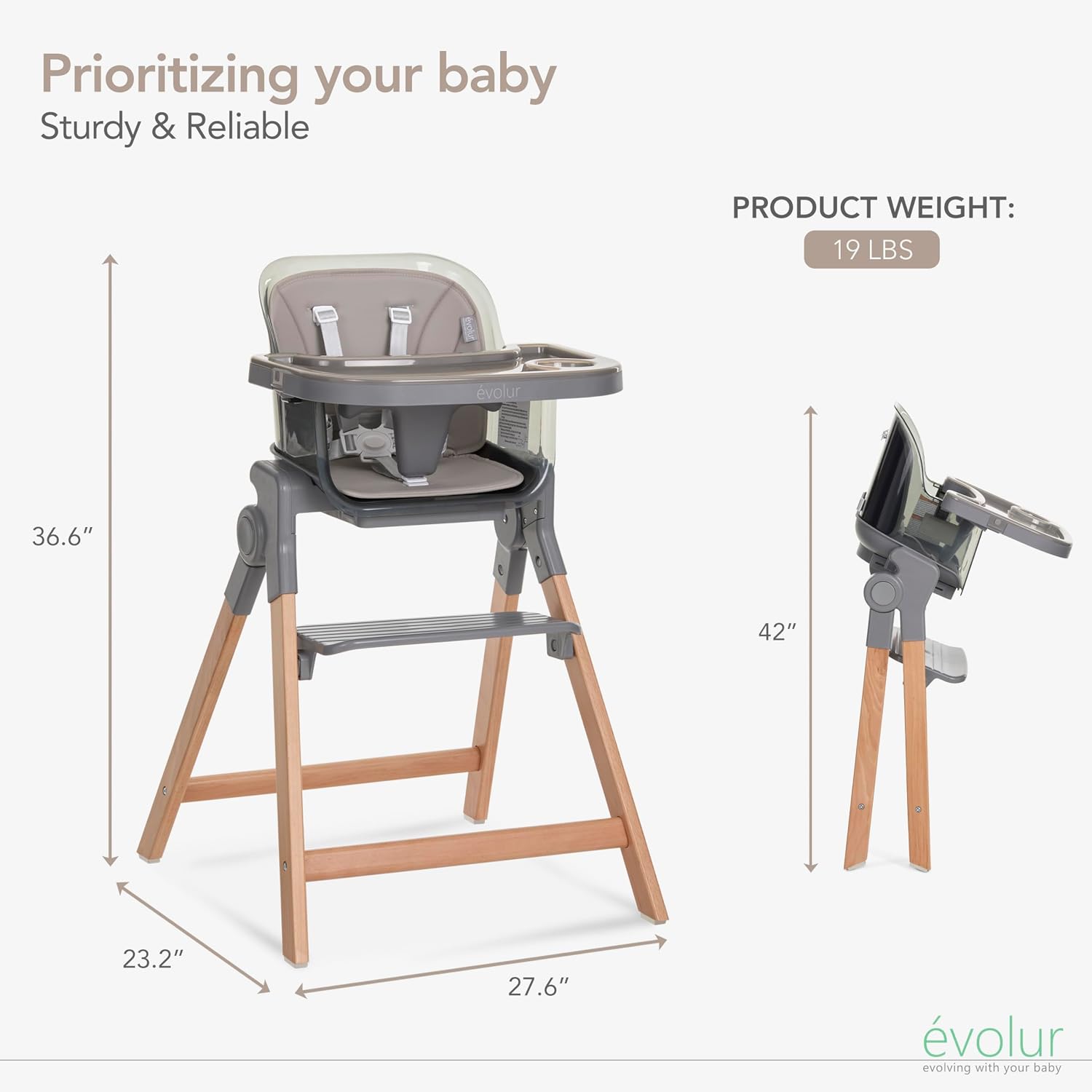 Evolur Tiny Throne 3-in-1 Convertible High Chair, Removable & Dishwasher Safe Tray, Converts to Booster Seat & Adult Stool, Easy-to-Clean Feeding Solution – Fossil Gray