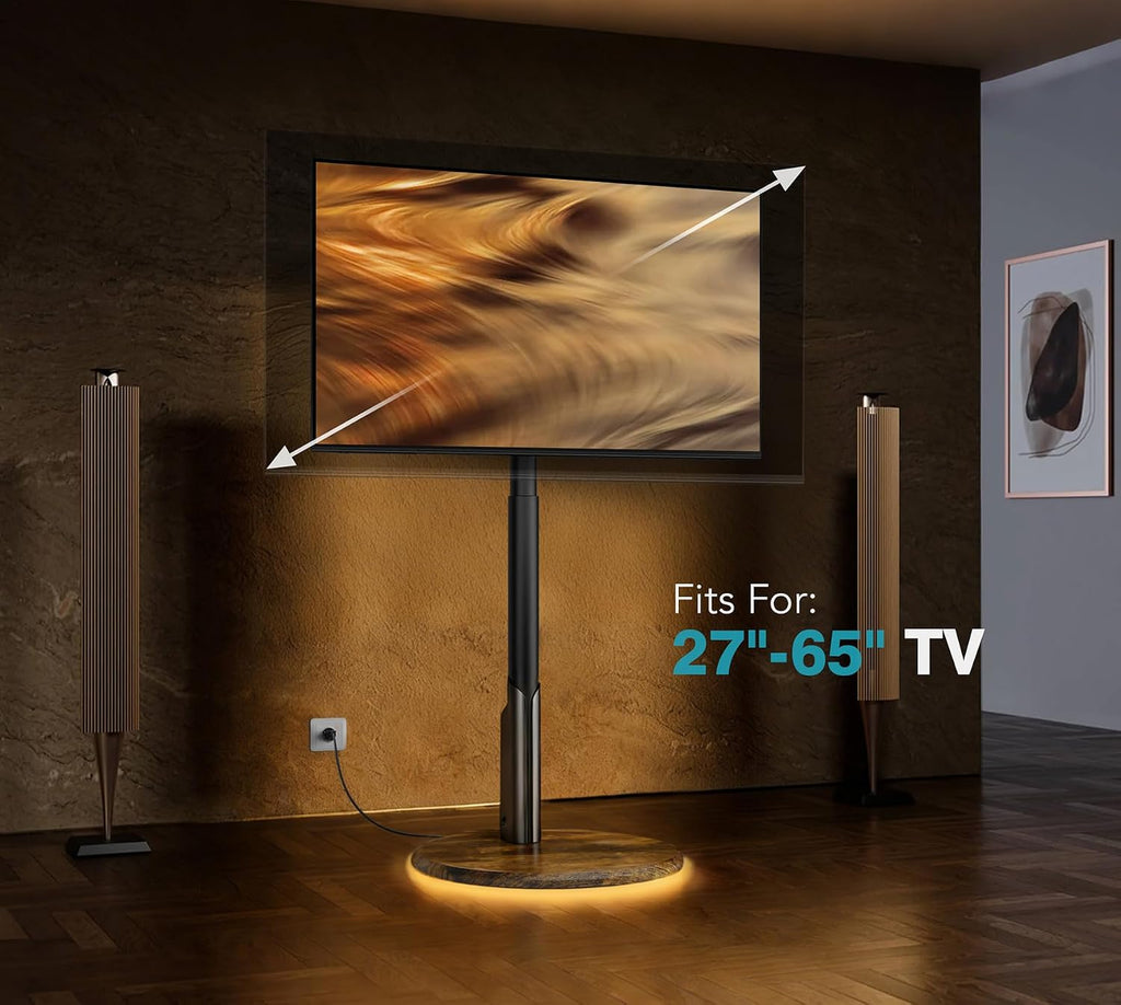 Mobile TV Stand with Power Outlet, Rolling TV Cart for 27-65 Inch OLED LED Monitors, 6 Levels of Height Adjustment, Ambient RGB Lighting on The Bottom Wheels Holds up to 88lbs