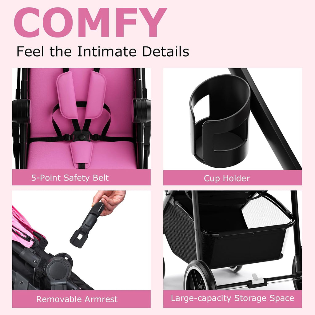INFANS 2 in 1 Baby Stroller, High Landscape Infant Stroller & Reversible Bassinet Pram, Foldable Pushchair with Adjustable Canopy, Storage Basket, Cup Holder, Suspension Wheels (Pink)