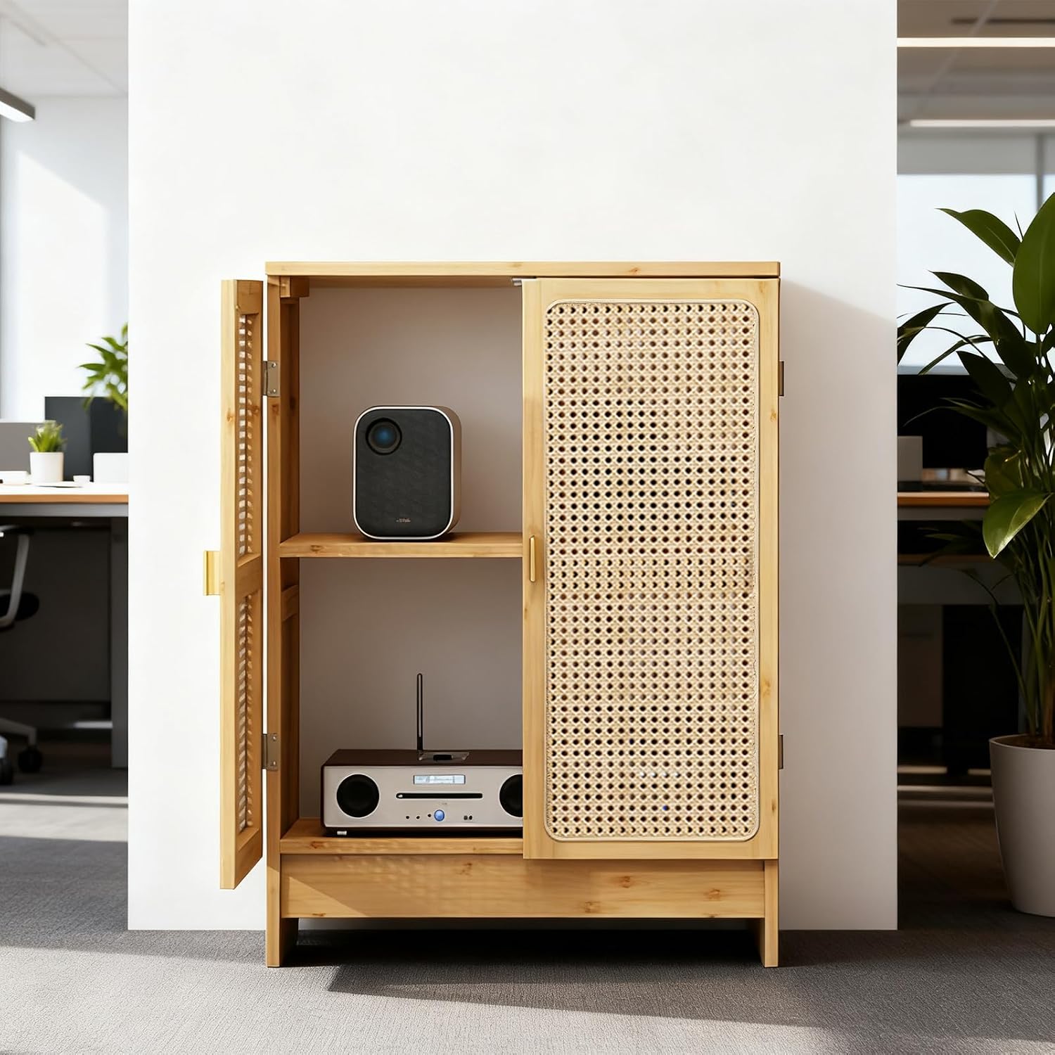Jueraori WiFi Router Storage Cabinet with Adjustable Shelves, 2-Tier Bamboo Rattan Standing Modem Organizer Box for Home & Office, No Back Panel, 27.6' x 19.7' x 9.8'
