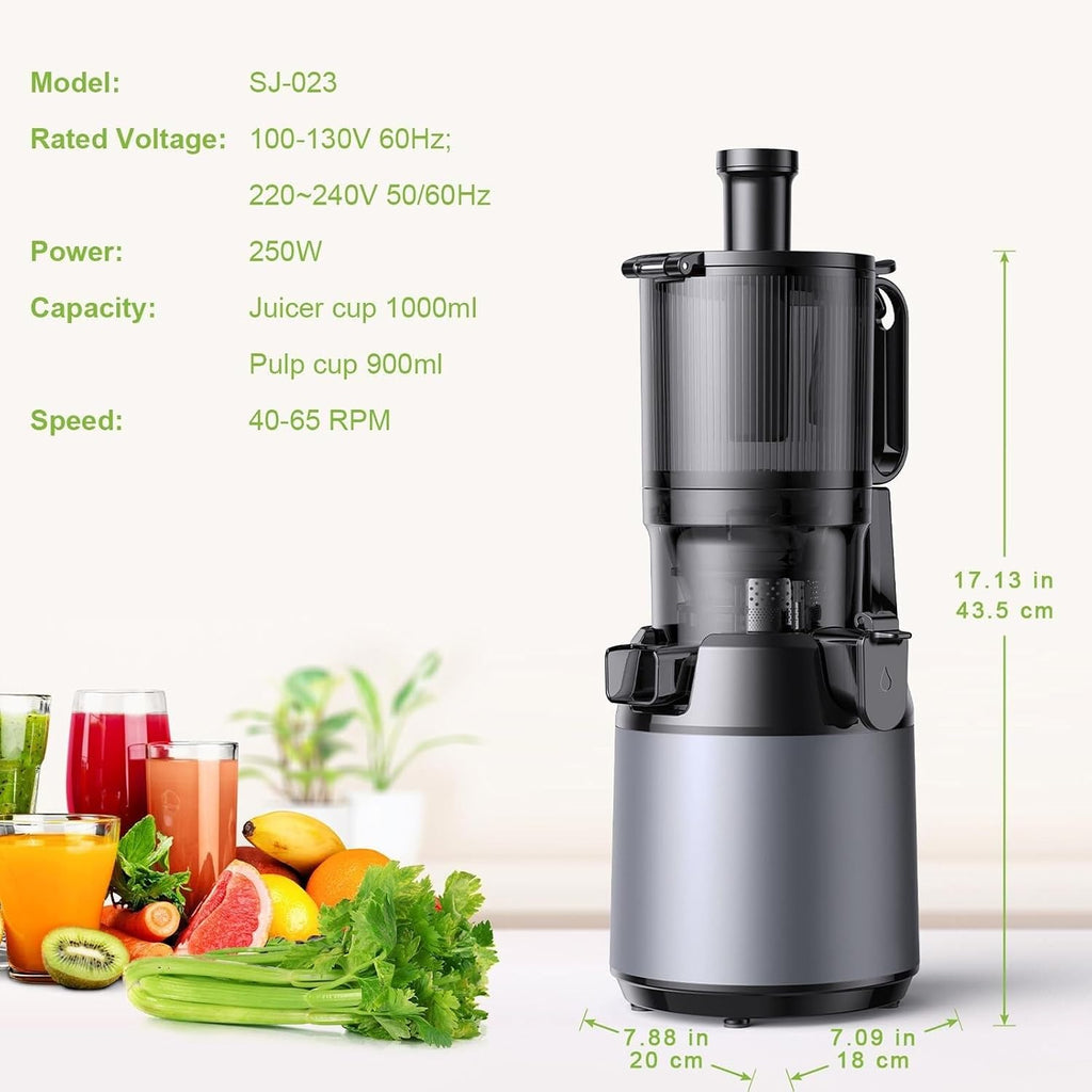 Masticating Juicer with 130mm Feed Chute, 250W Cold Press Juicer, 1.6L Capacity, Slow Juicer for Whole Fruits & Vegetables, Easy to Clean, Grey