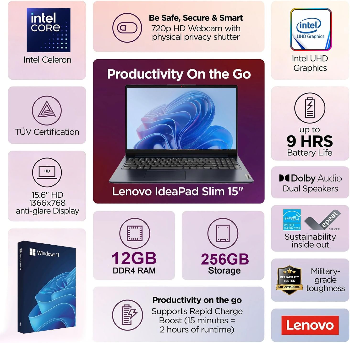 Lenovo IdeaPad Slim • 15.6' Business Laptop • 12GB DDR4RAM • 256GB SSD • Intel 4 Core Processor • Privacy Shutter • Dolby Audio • Copilot AI • Windows 11 Home