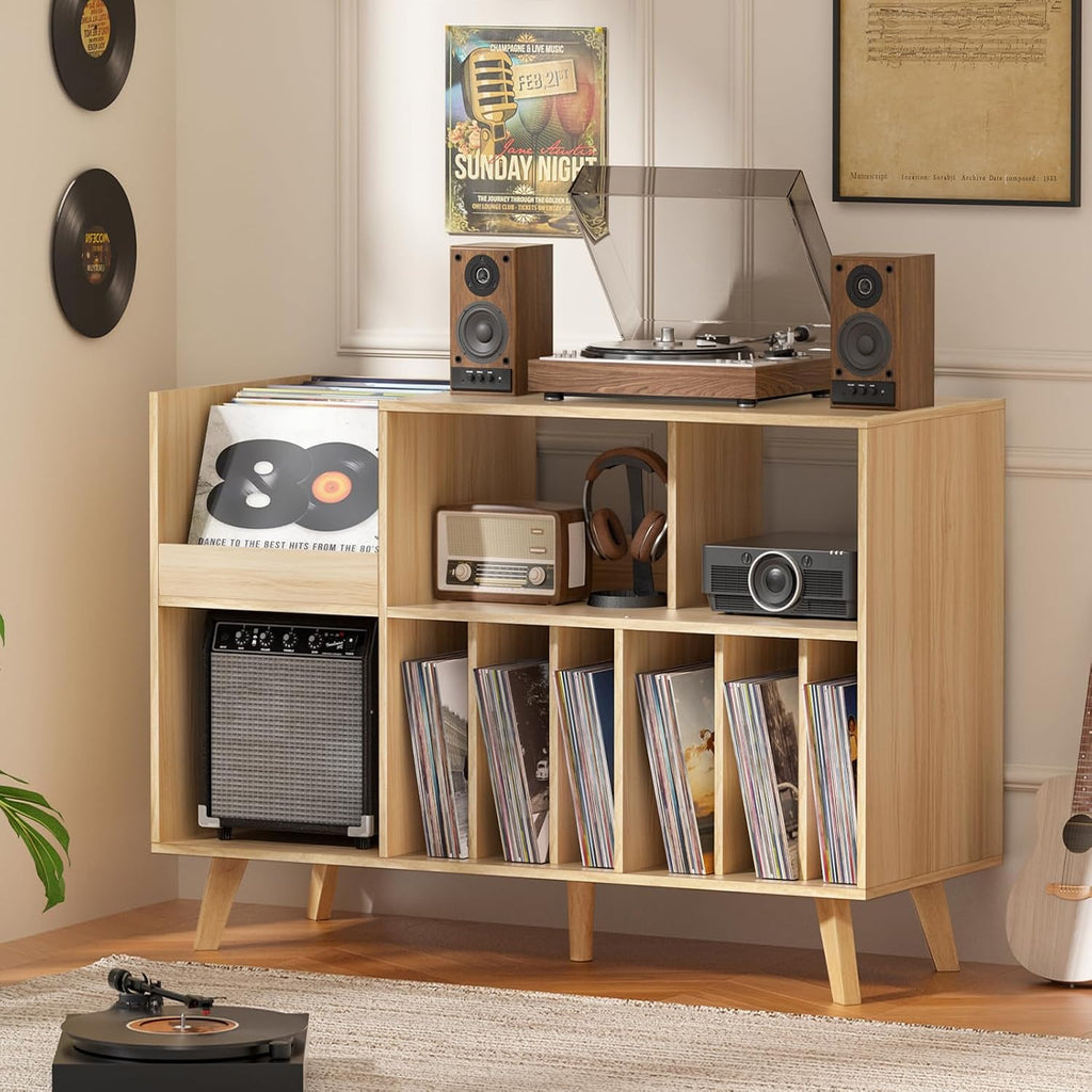 LELELINKY Large Record Player Stand, 48''Turntable Stand with Storage, Vinyl Record Holder with Display Area, Record Player Table Holds Up to 450 Albums, Record Stand for Music Room Living Room
