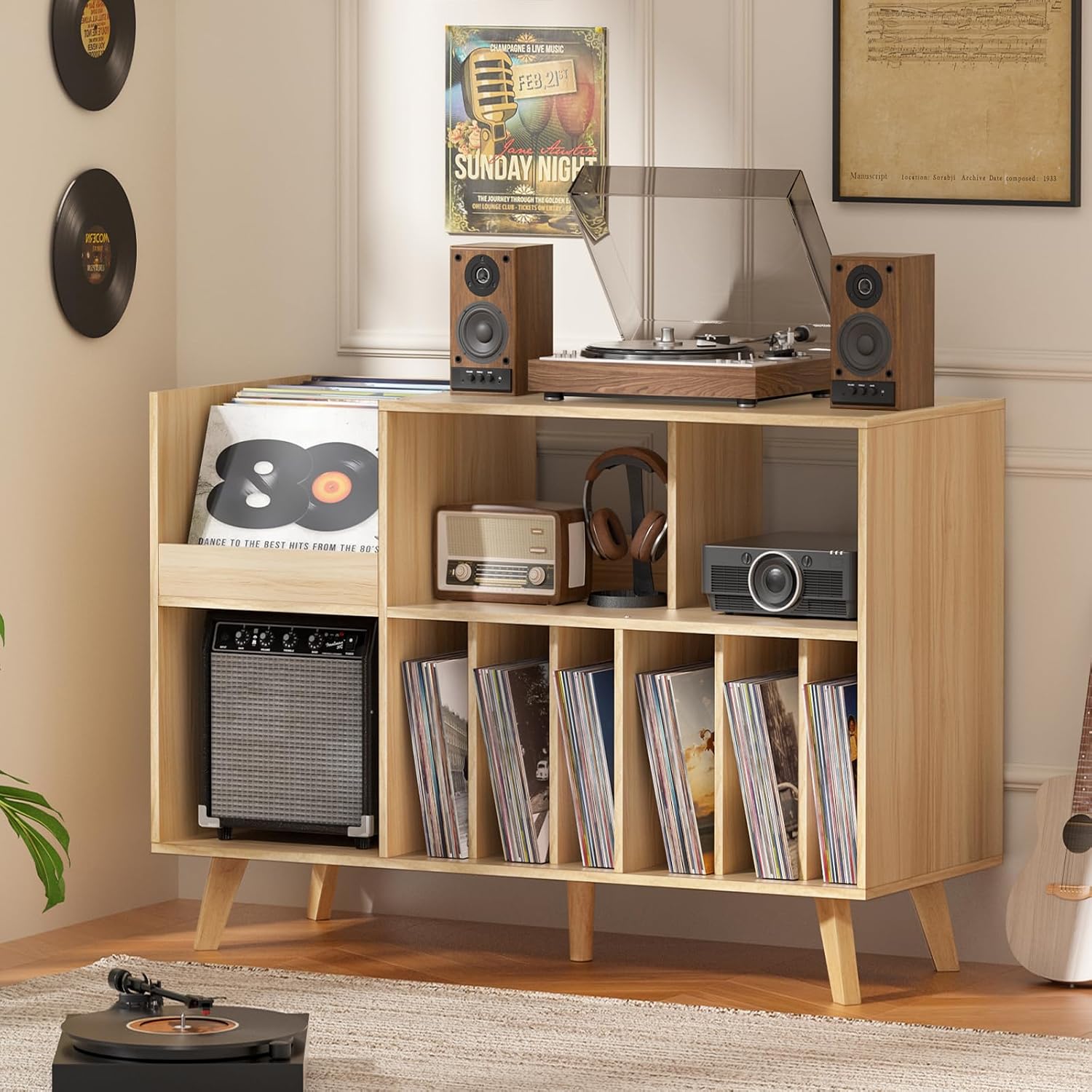 LELELINKY Large Record Player Stand, 48''Turntable Stand with Storage, Vinyl Record Holder with Display Area, Record Player Table Holds Up to 450 Albums, Record Stand for Music Room Living Room