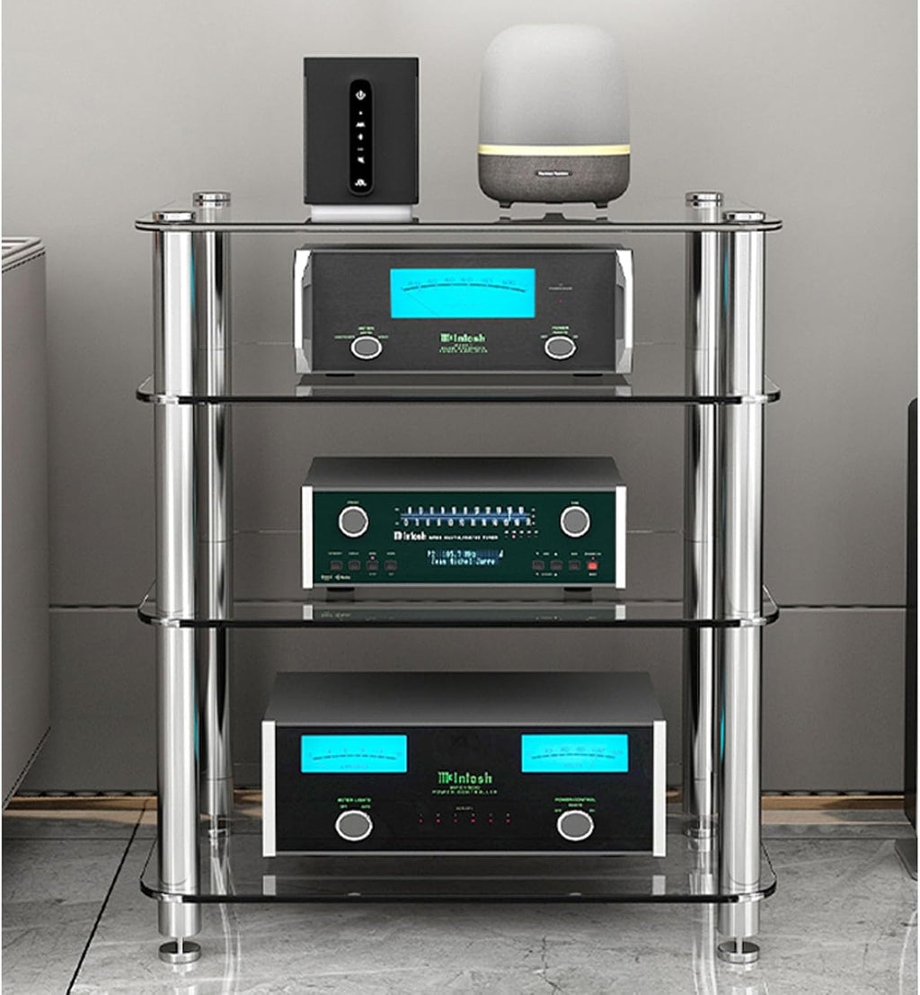 1/2/3/4-Tier Stereo Rack AV Media Stand with Tempered Glass Shelves, Audio Rack Tower AV Equipment Cabinet CD Record Player Stereo Receiver Display Stand(Clear Glass,2 Tier)