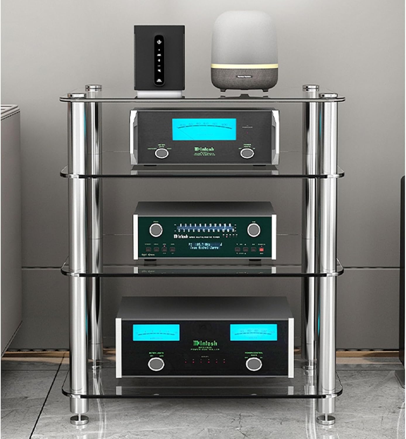 1/2/3/4-Tier Stereo Rack AV Media Stand with Tempered Glass Shelves, Audio Rack Tower AV Equipment Cabinet CD Record Player Stereo Receiver Display Stand(Clear Glass,1 Tier)