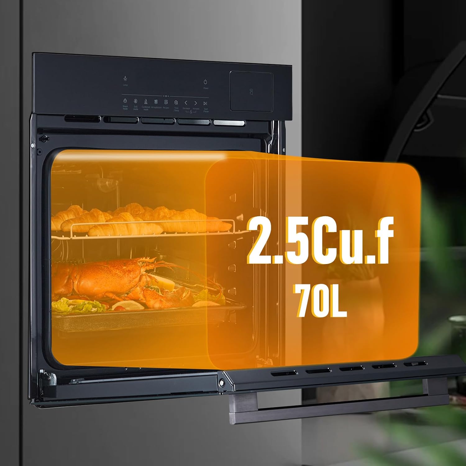 24 Inch Stainless Steel Toaster Oven and Black Air Fryer Combo: 70L Capacity, 3D Heating with Steam, Touch Control, Multi-Function Modes for Countertop Built-in Use