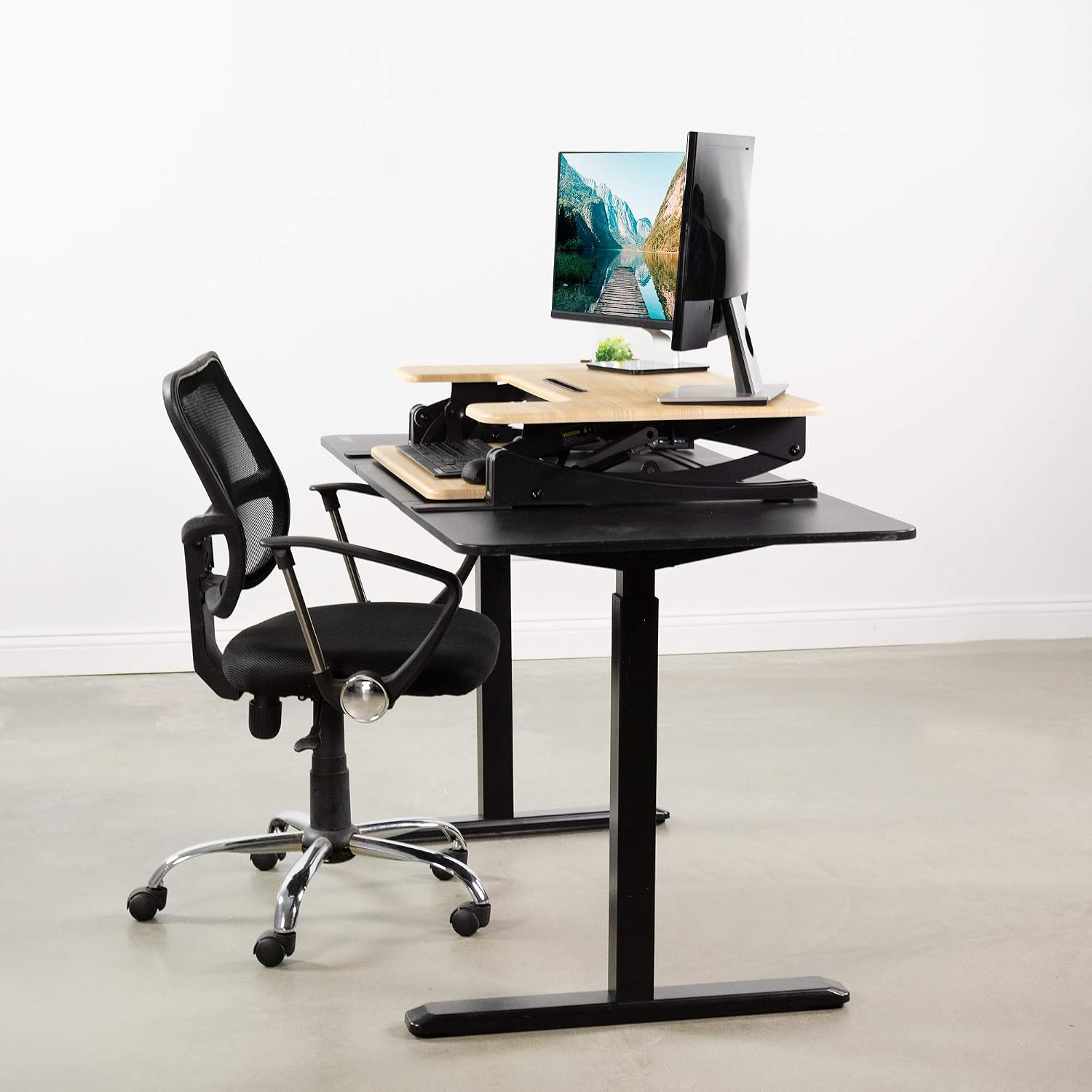 VIVO 36 inch Height Adjustable Stand Up Desk Converter, V Series, Quick Sit to Stand Tabletop Dual Monitor Riser Workstation, Light Wood Top, Black Frame, DESK-V000VO