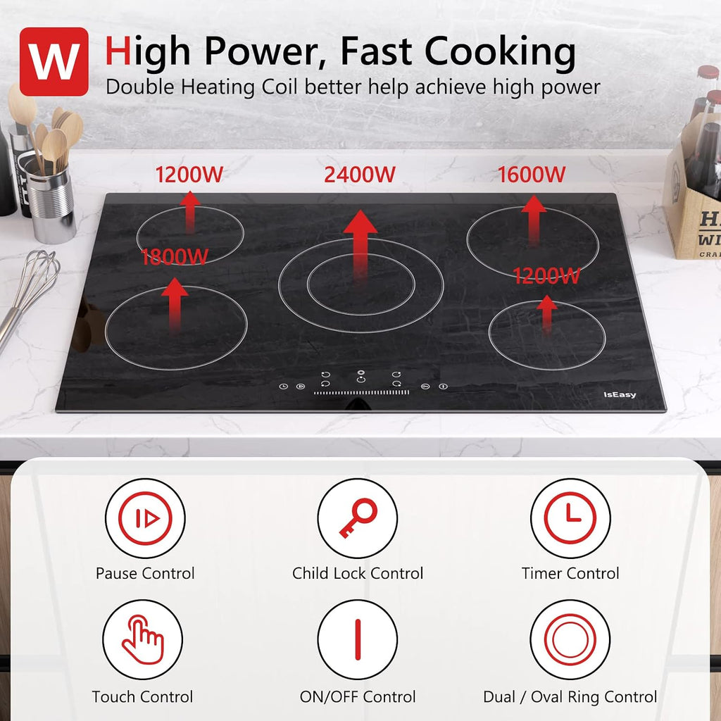 Electric Cooktop Ceramic Stove 5 Burners 30 inch Built-in Countertop Burners Cooker Satin Glass in Black Touch Sensor Control,Timer,Child Safety Lock,9 Power Levels,220-240V