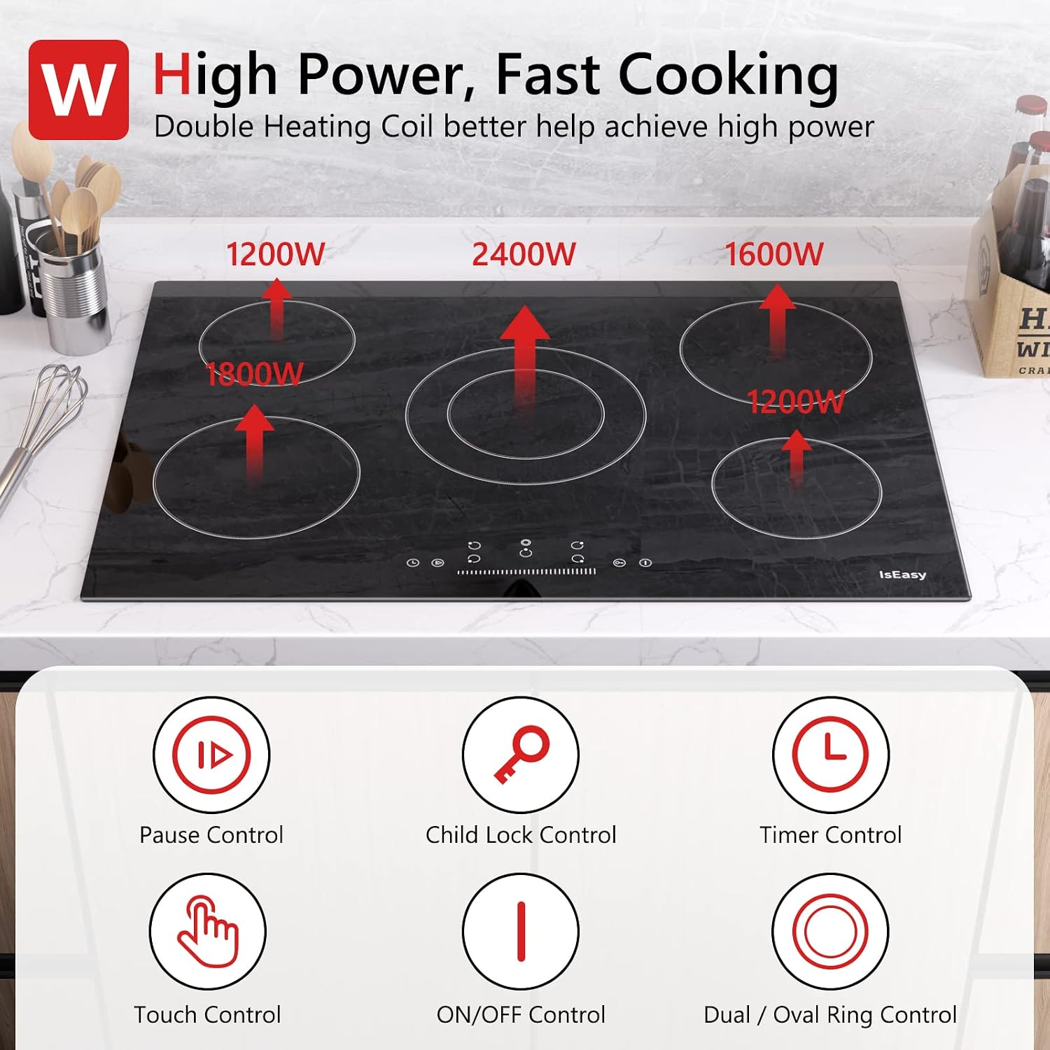 Electric Cooktop Ceramic Stove 5 Burners 30 inch Built-in Countertop Burners Cooker Satin Glass in Black Touch Sensor Control,Timer,Child Safety Lock,9 Power Levels,220-240V