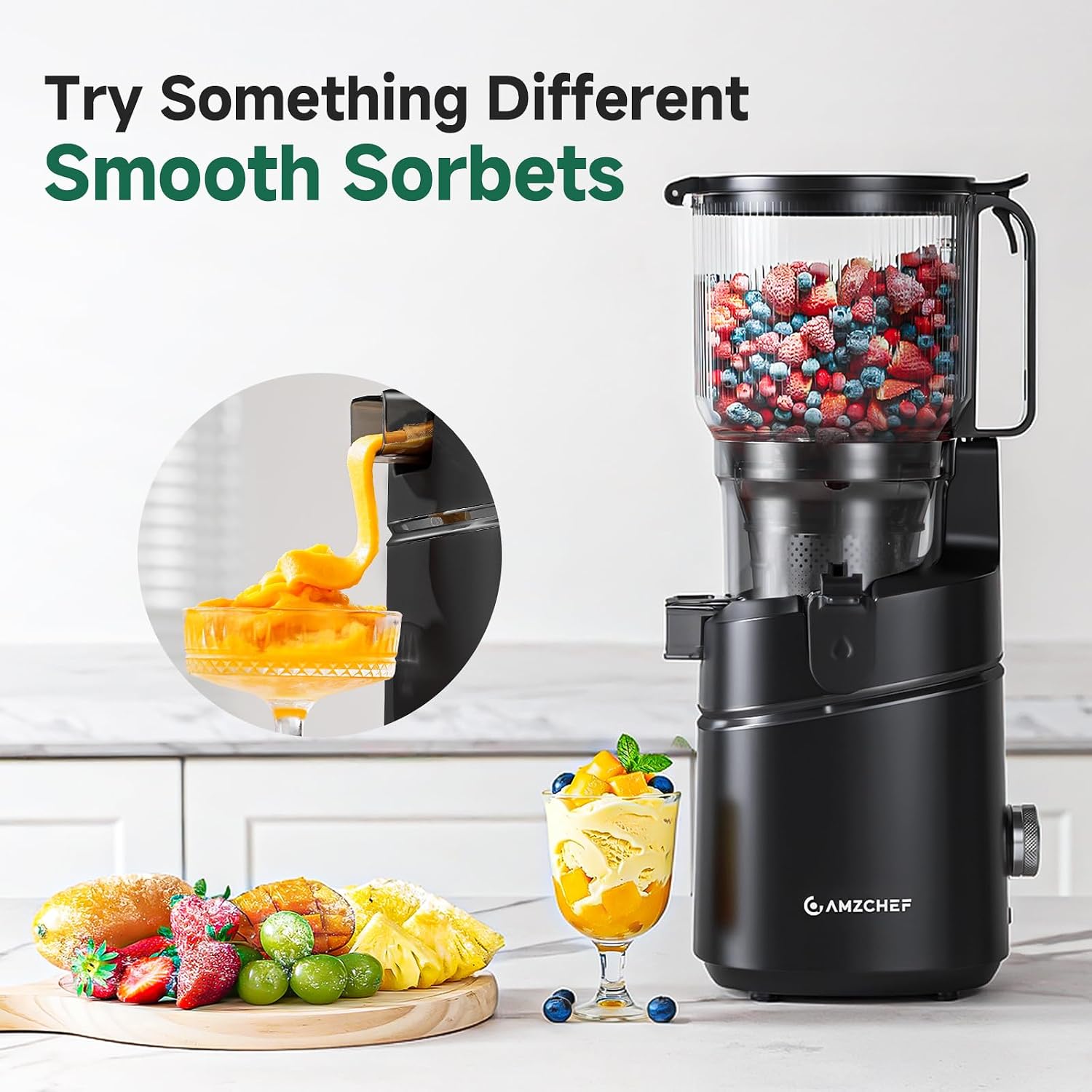 AMZCHEF Cold Press Juicer – 6.5' Wide Mouth Hopper for Whole Recipe Loading, Self Feeding for Hands-Free Operation, Zero Waste Masticating Juicer For More Juice, Less Pulp – Triple Strainers