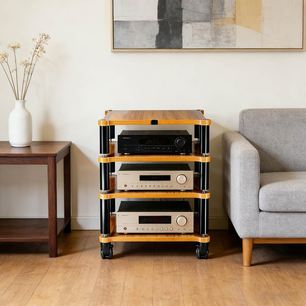 High Load-Bearing Three-Layer Amplifier Rack Wood Grain Panel Black Vibration Damping Pillars Stable Audio Equipment Shelf Multi-Device Compatible(60 * 48 * 50.5cm)