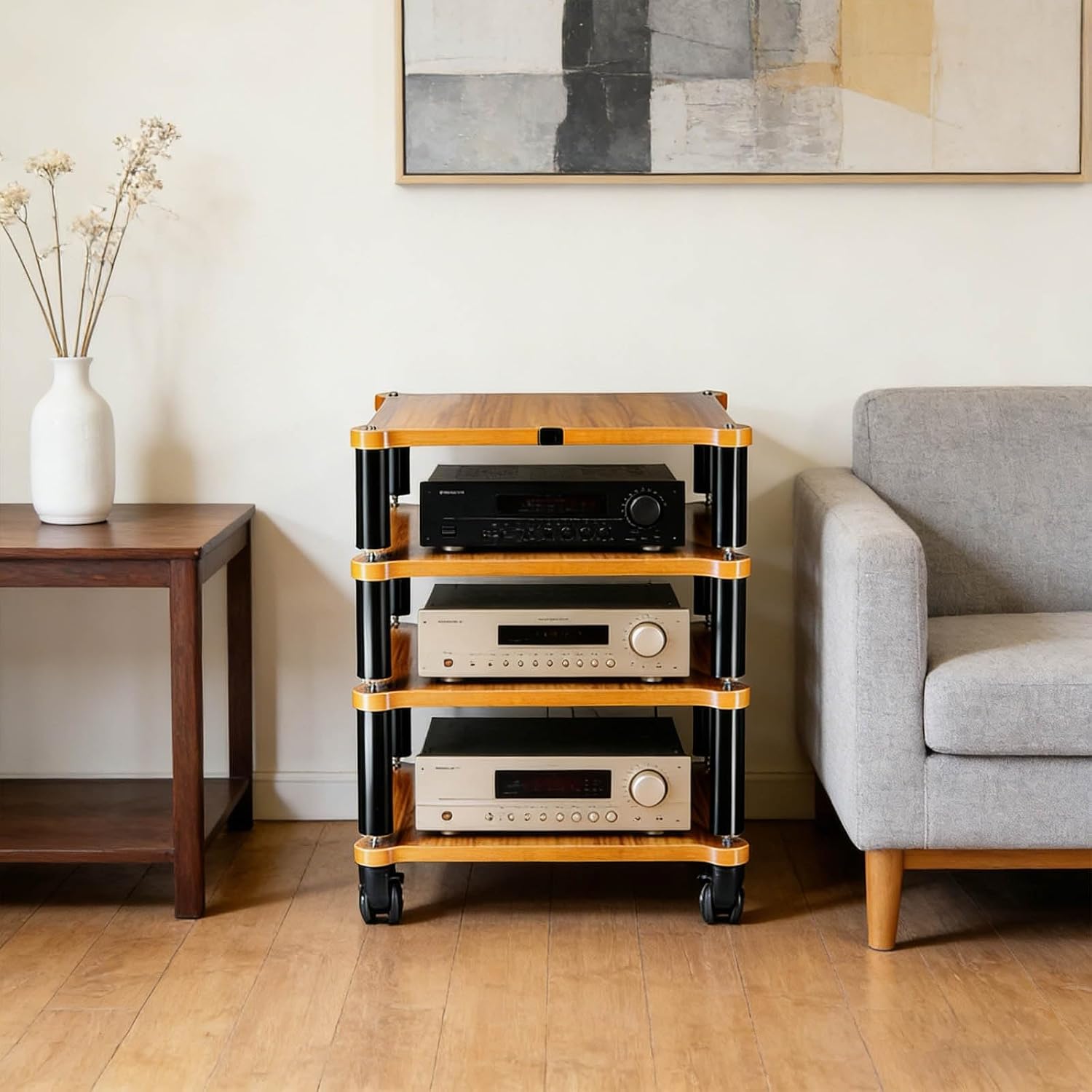 High Load-Bearing Three-Layer Amplifier Rack Wood Grain Panel Black Vibration Damping Pillars Stable Audio Equipment Shelf Multi-Device Compatible(60 * 48 * 50.5cm)
