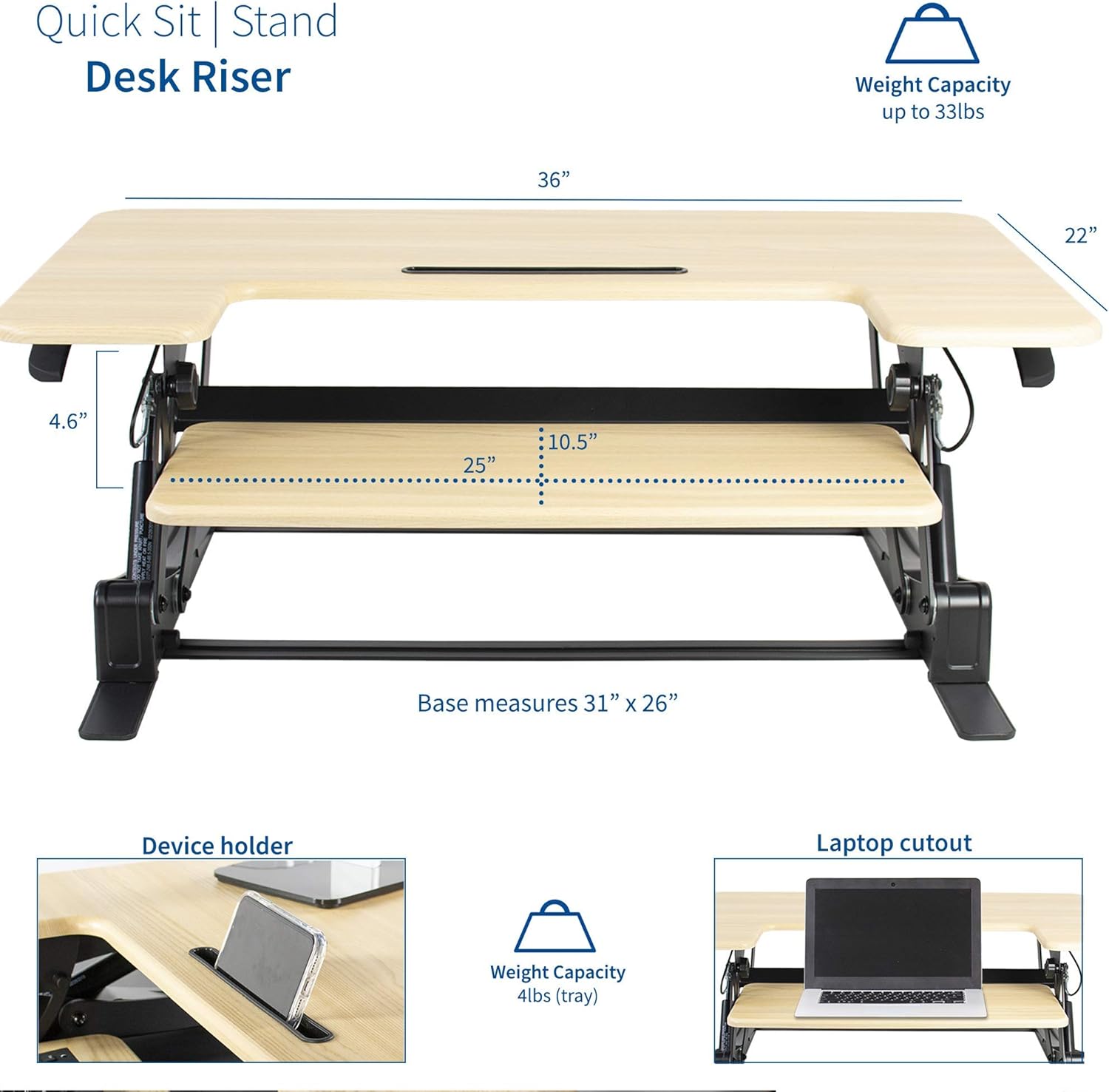 VIVO 36 inch Height Adjustable Stand Up Desk Converter, V Series, Quick Sit to Stand Tabletop Dual Monitor Riser Workstation, Light Wood Top, Black Frame, DESK-V000VO