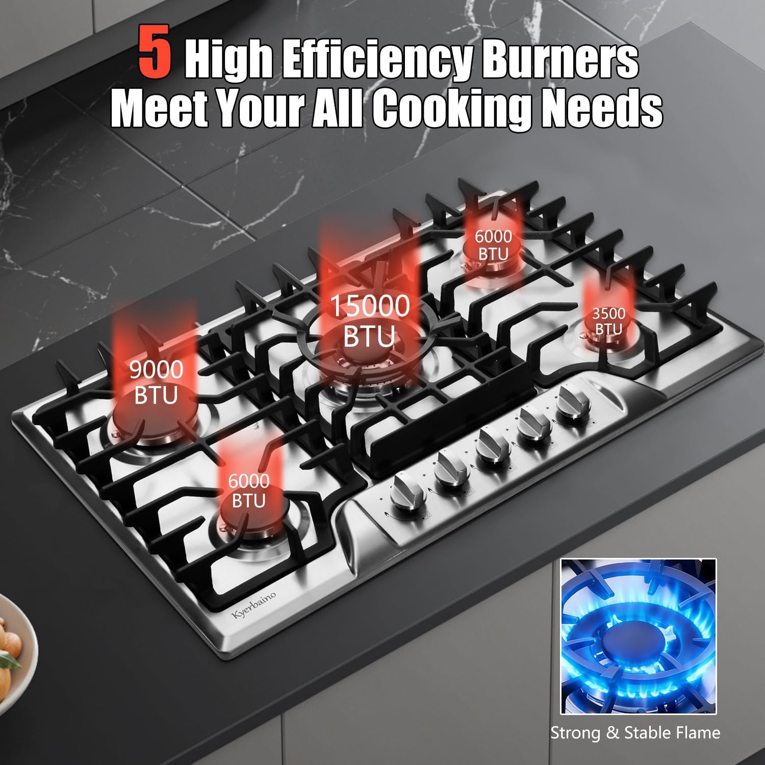 Gas Cooktop 30 Inch, Built-in 5 Burners Gas Stovetop Stainless Steel LPG/NG Convertible Gas Stove Dual Fuel Sealed Gas Cooktop
