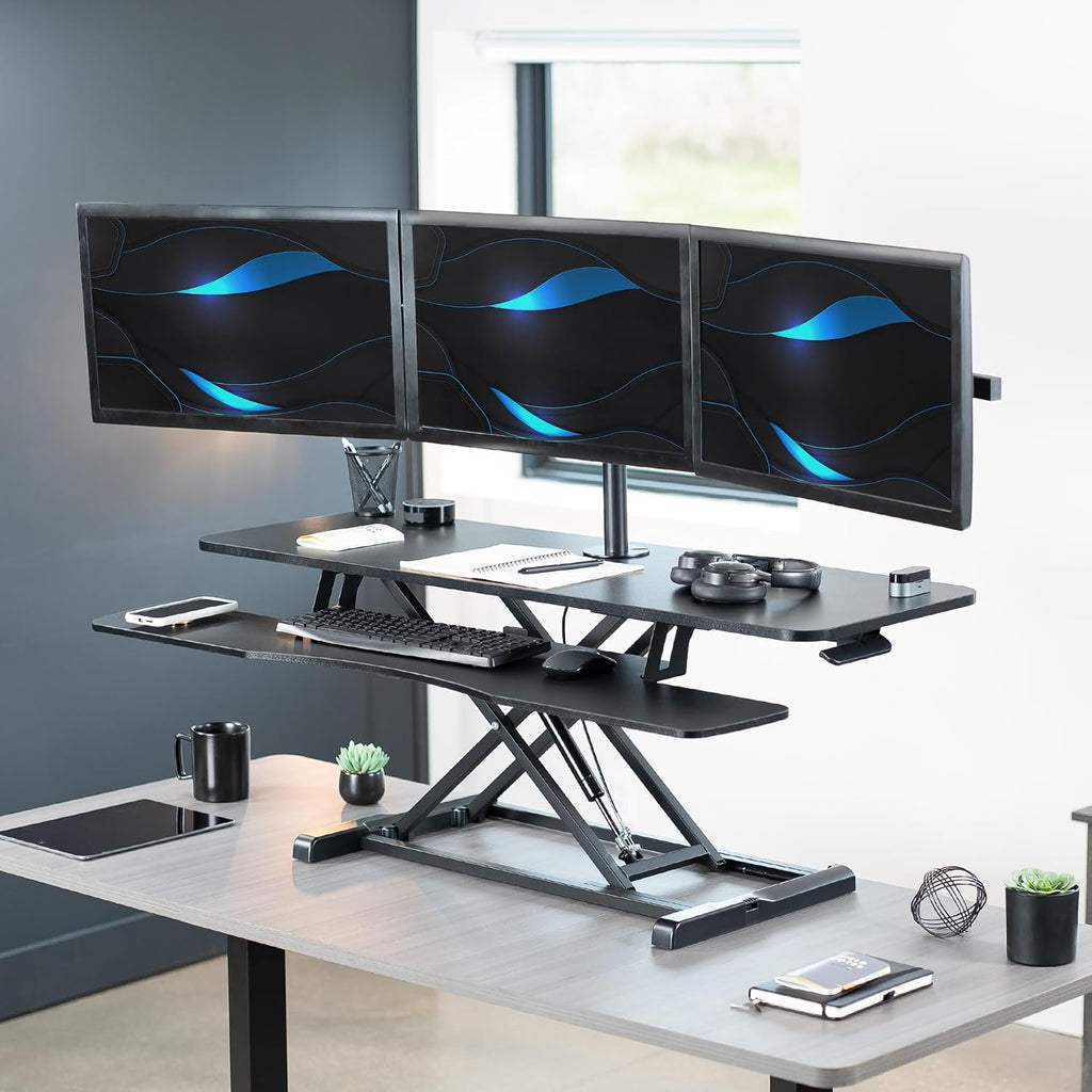 VIVO Height Adjustable 48 inch Standing Desk Converter with Triple 21.5 to 27 inch Monitor Mount, Extra Large Desk Riser, Black, DESK-KIT-48KB3C
