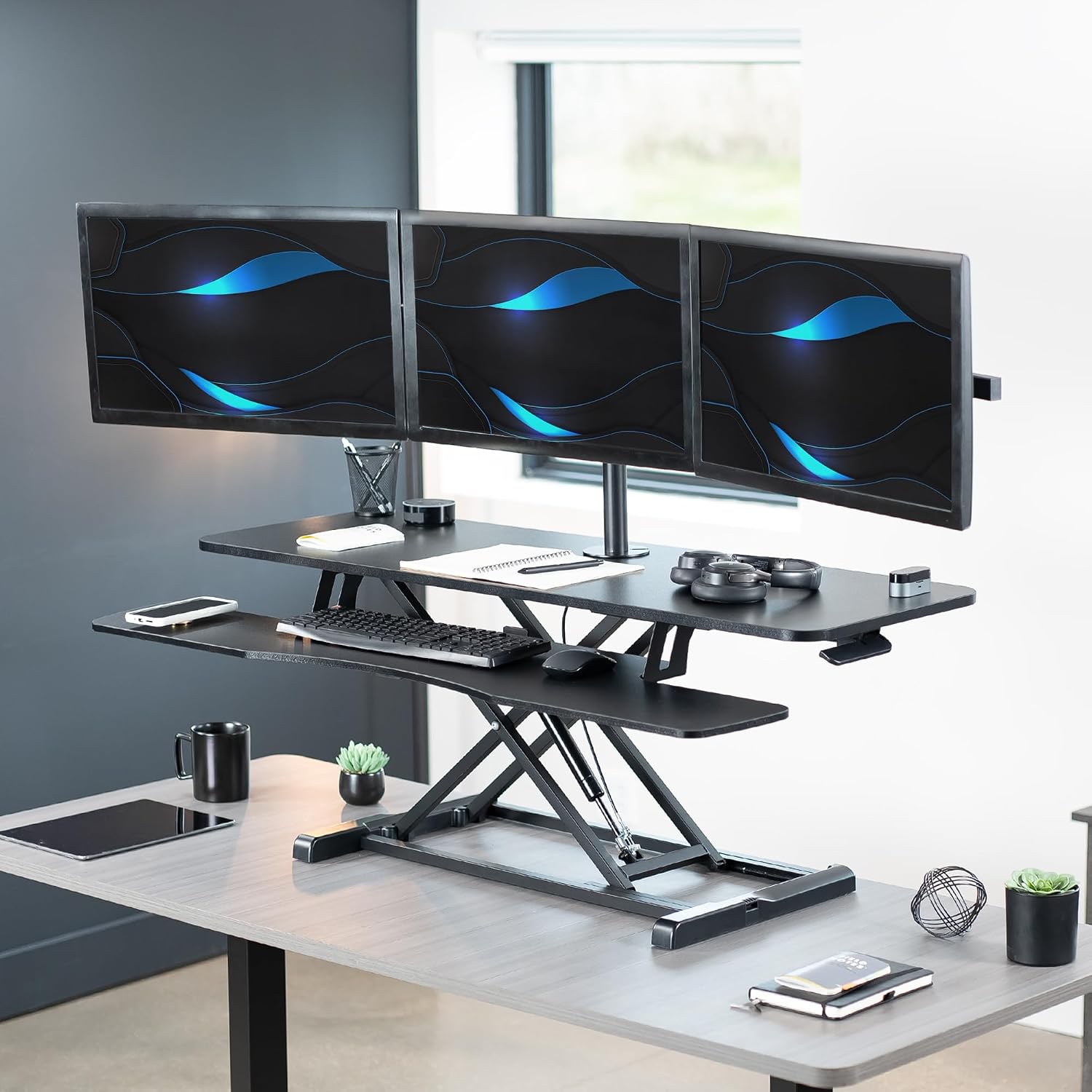 VIVO Height Adjustable 48 inch Standing Desk Converter with Triple 21.5 to 27 inch Monitor Mount, Extra Large Desk Riser, Black, DESK-KIT-48KB3C
