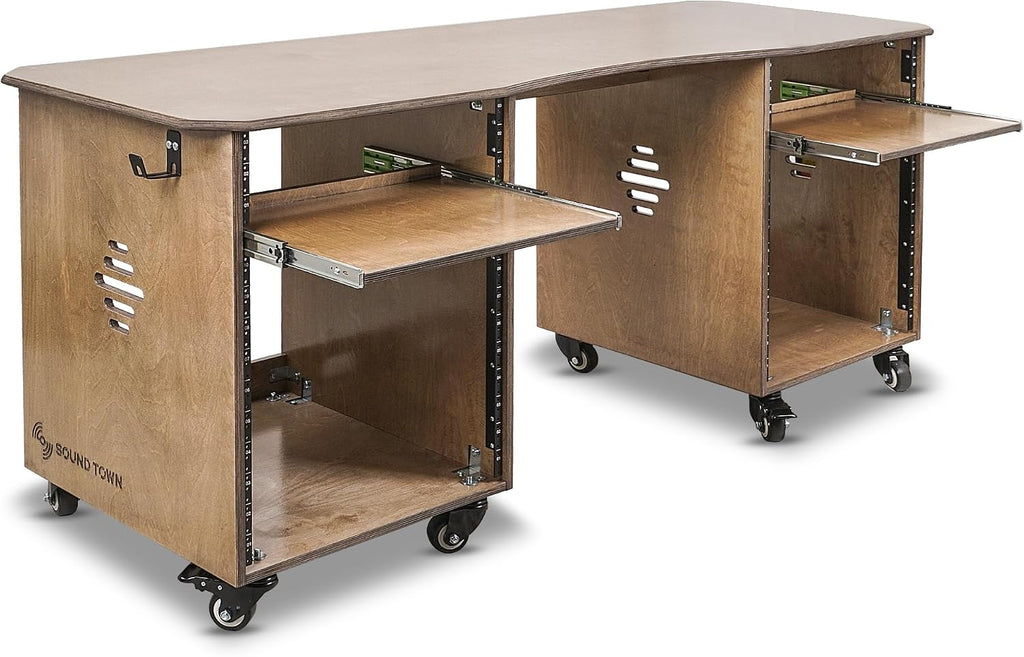 Sound Town DIY Music Studio Rack Desk Workstation with 2 X 13U Side Cabinets, Two Slide-Out Trays, Casters, Plywood, Weathered Brown for Recording Room, Home Studio (SDRK-WS69)