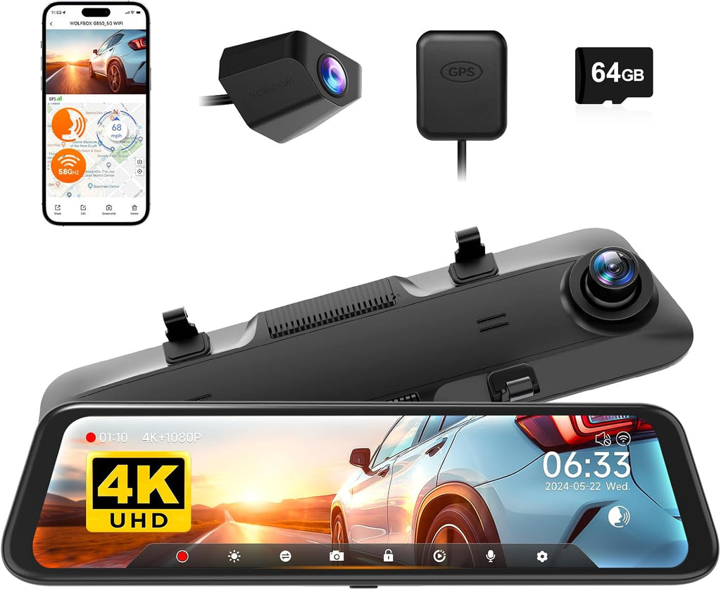WOLFBOX G850 12' 4K Rear View Mirror Camera with 5.8GHz WiFi and Voice Control, Smart Mirror Dash Cam Front and Rear, Backup Camera with 1080P, Dash Cam with WDR, Includes 64GB Card & GPS